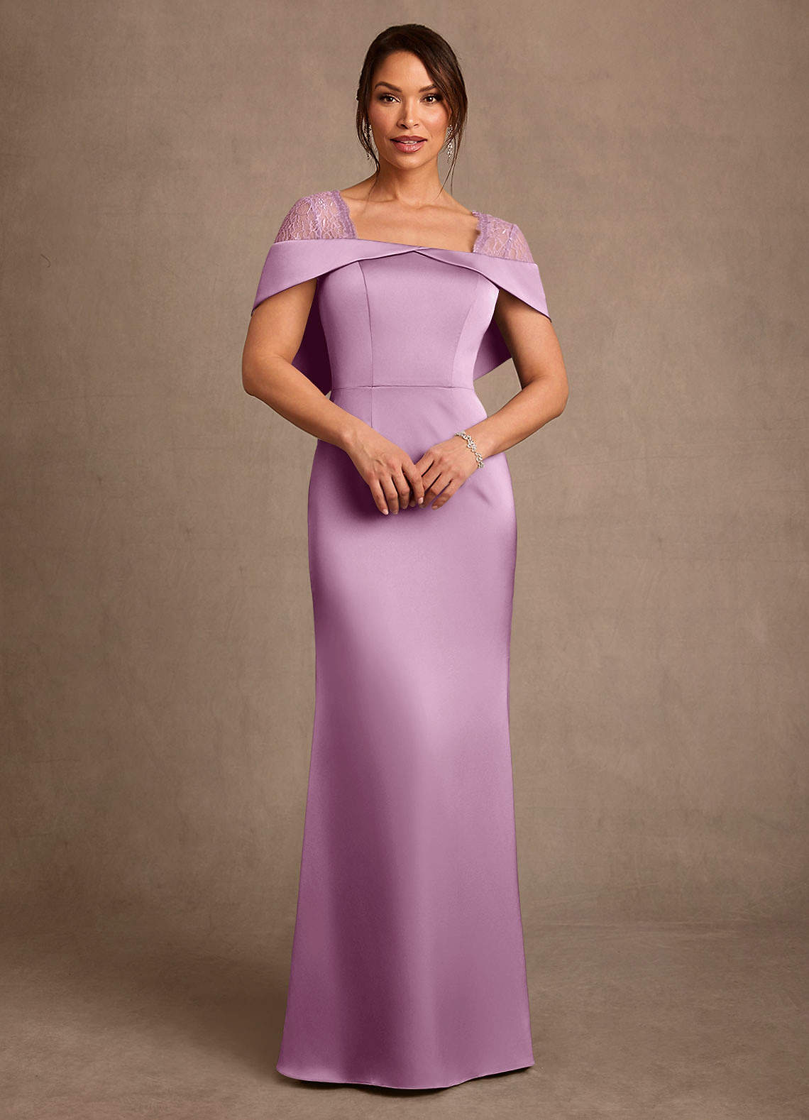 Henrieta Sheath Square-Neck Stretch Satin and Lace Mother of the Bride Dress
