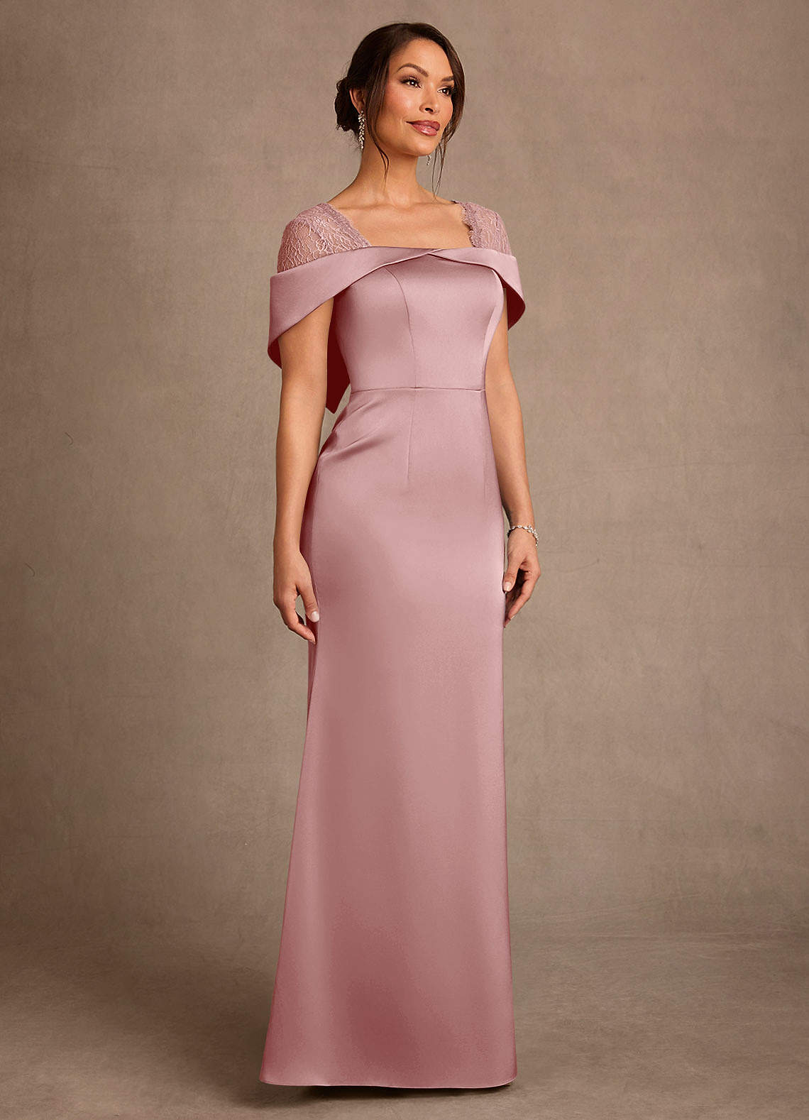 Henrieta Sheath Square-Neck Stretch Satin and Lace Mother of the Bride Dress in Dusty Rose