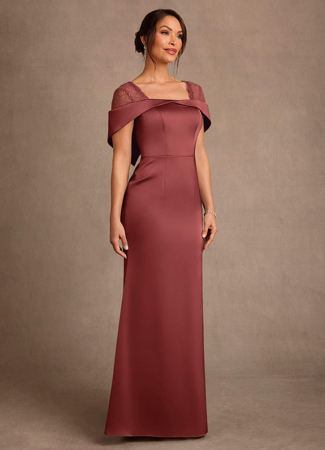 Henrieta Sheath Square-Neck Stretch Satin and Lace Mother of the Bride Dress in Terracotta