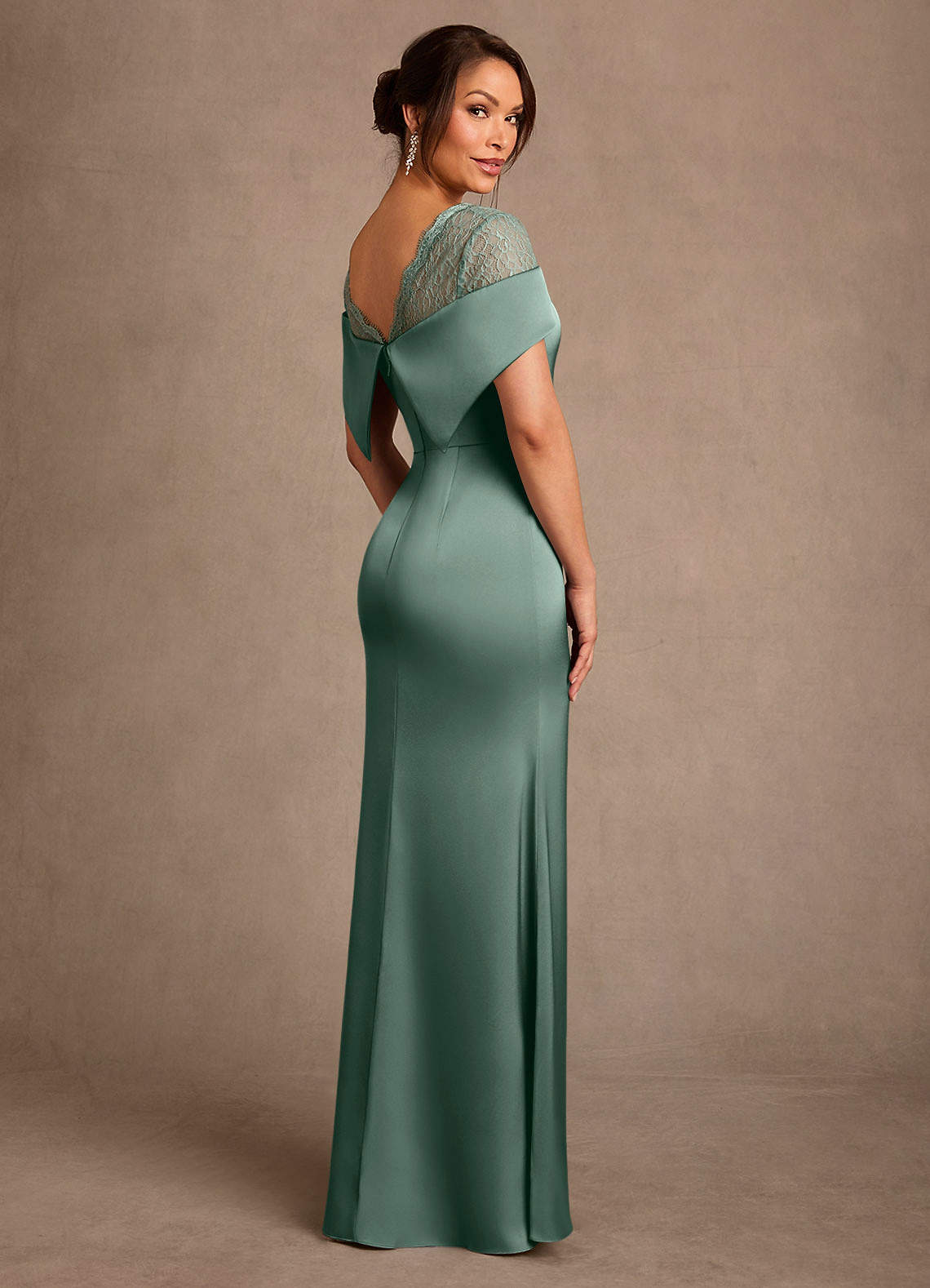 Henrieta Sheath Square-Neck Stretch Satin and Lace Mother of the Bride Dress in eucalyptus