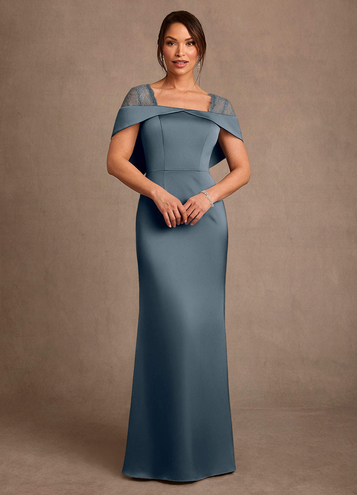 Henrieta Sheath Square-Neck Stretch Satin and Lace Mother of the Bride Dress in Twilight