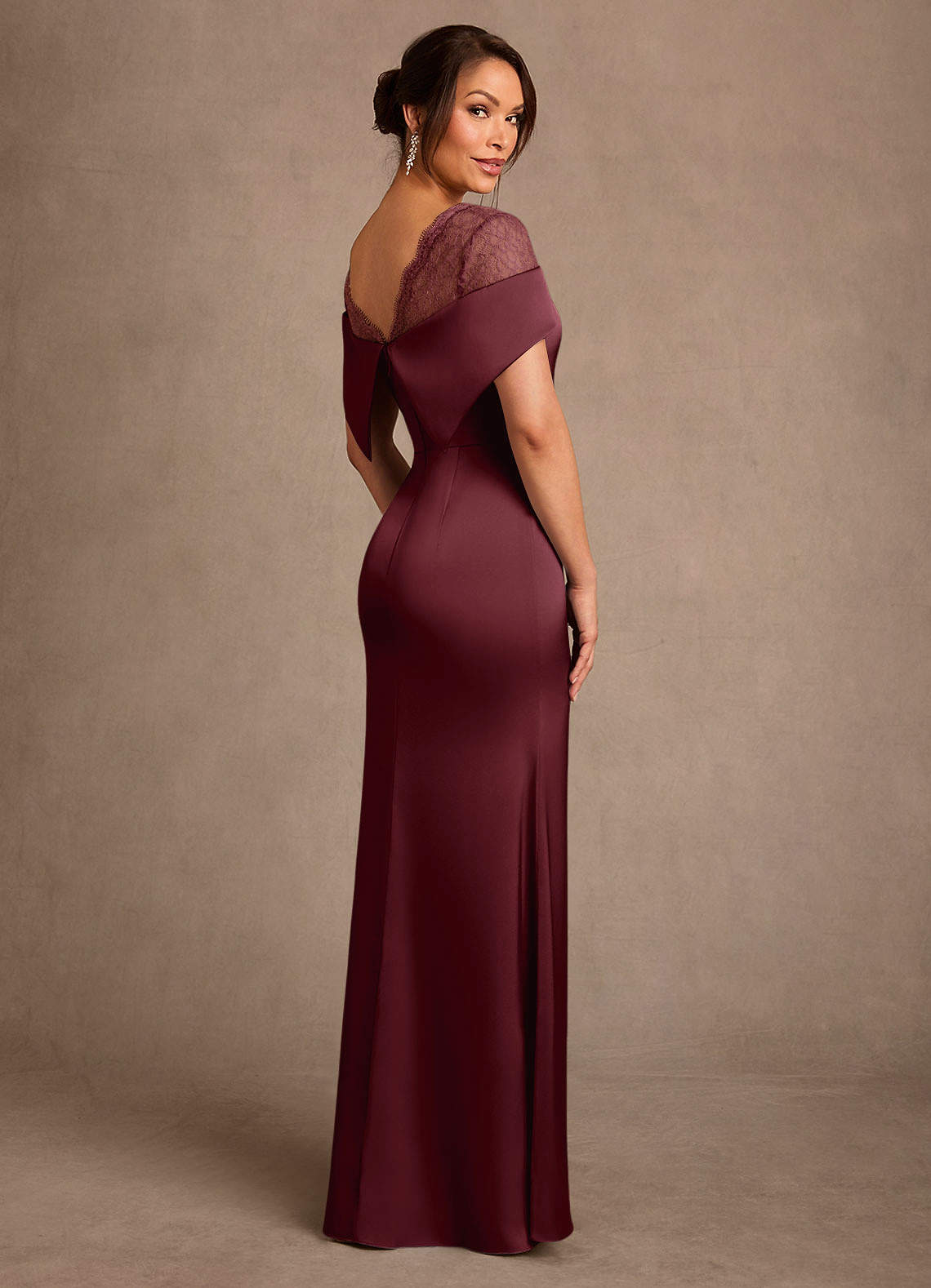 Henrieta Sheath Square-Neck Stretch Satin and Lace Mother of the Bride Dress in Cabernet