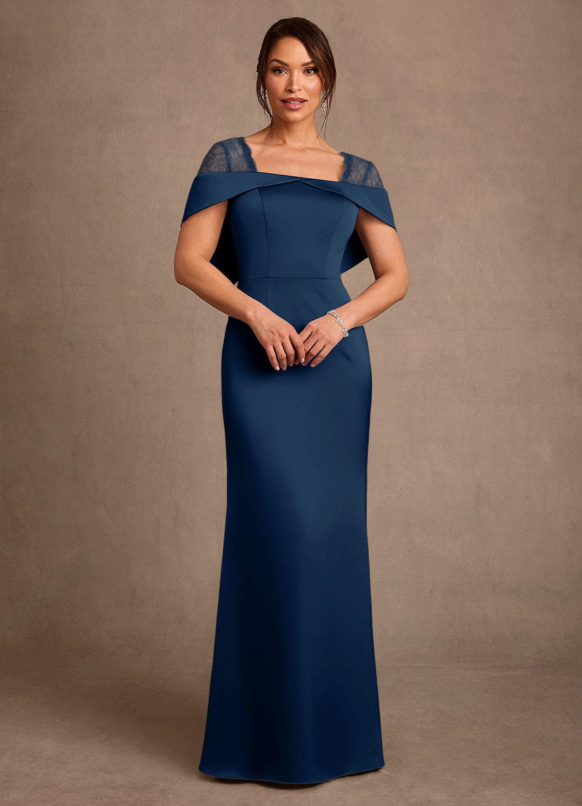 Henrieta Sheath Square-Neck Stretch Satin and Lace Mother of the Bride Dress in Dark Navy