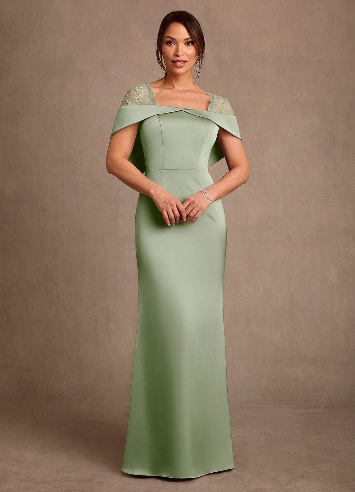 Henrieta Sheath Square-Neck Stretch Satin and Lace Mother of the Bride Dress in Dusty Sage