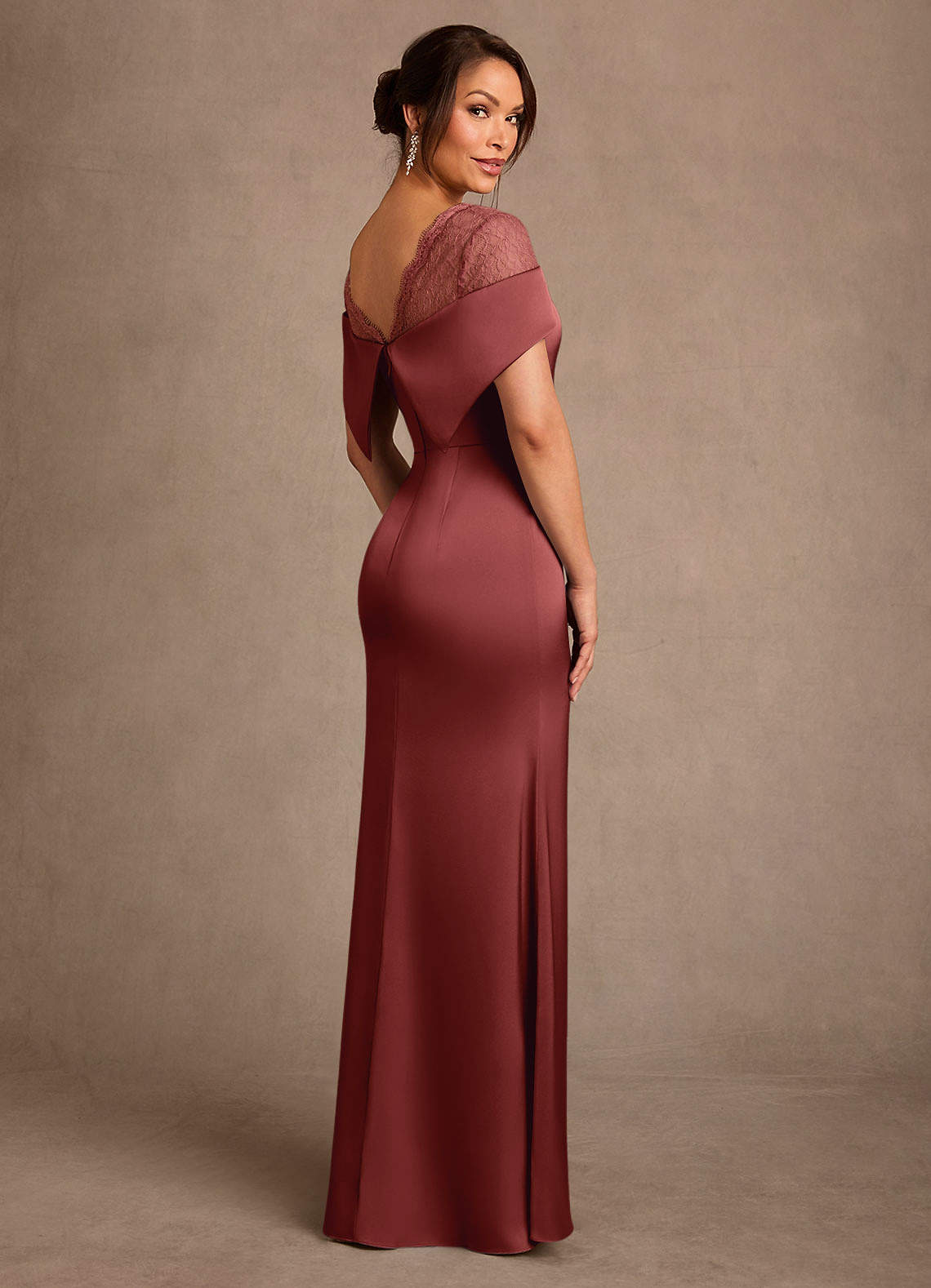 Henrieta Sheath Square-Neck Stretch Satin and Lace Mother of the Bride Dress in Terracotta