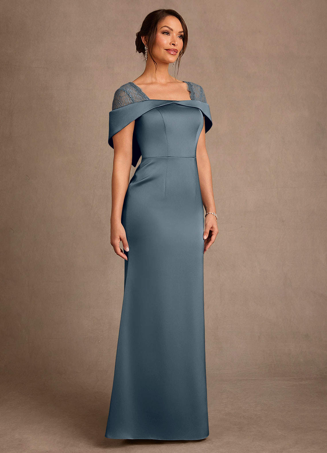 Henrieta Sheath Square-Neck Stretch Satin and Lace Mother of the Bride Dress in Twilight