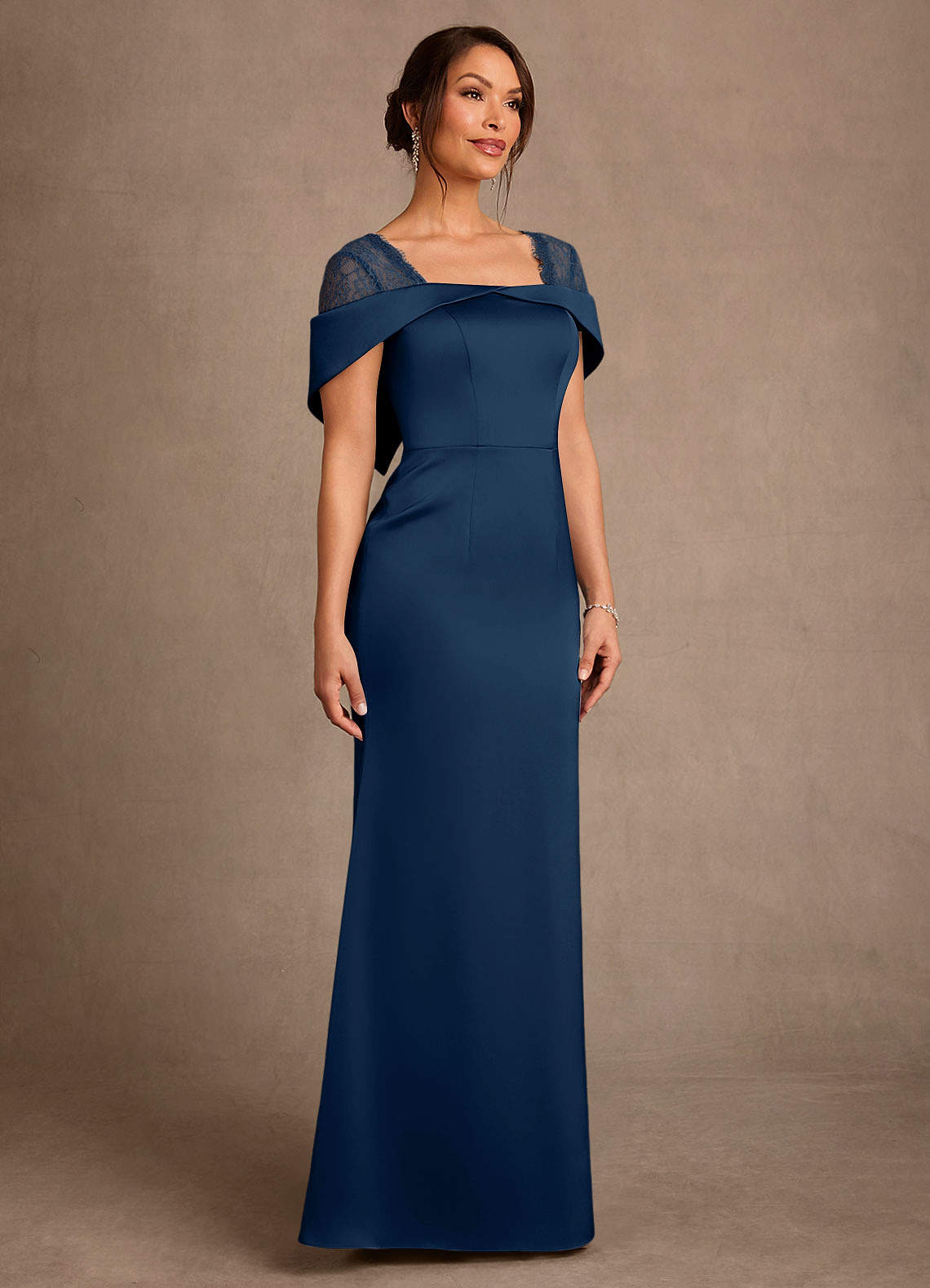 Henrieta Sheath Square-Neck Stretch Satin and Lace Mother of the Bride Dress in Dark Navy