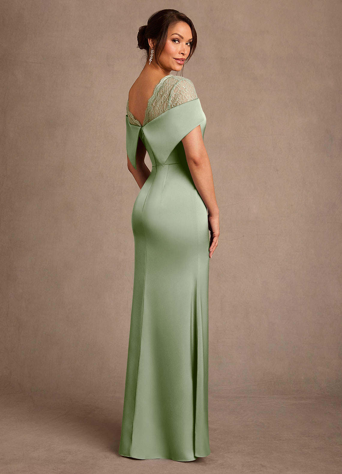 Henrieta Sheath Square-Neck Stretch Satin and Lace Mother of the Bride Dress in Dusty Sage