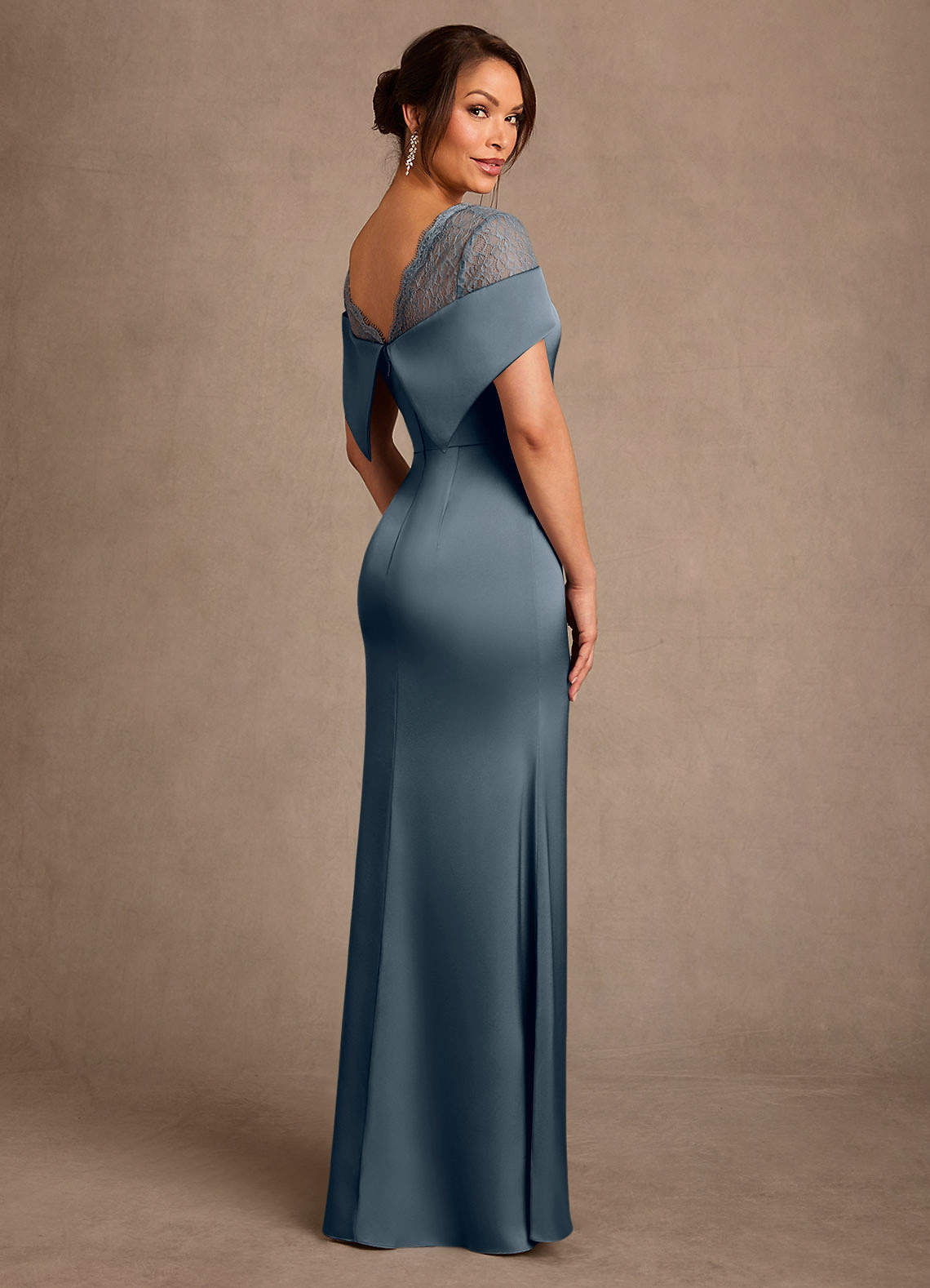 Henrieta Sheath Square-Neck Stretch Satin and Lace Mother of the Bride Dress in Twilight