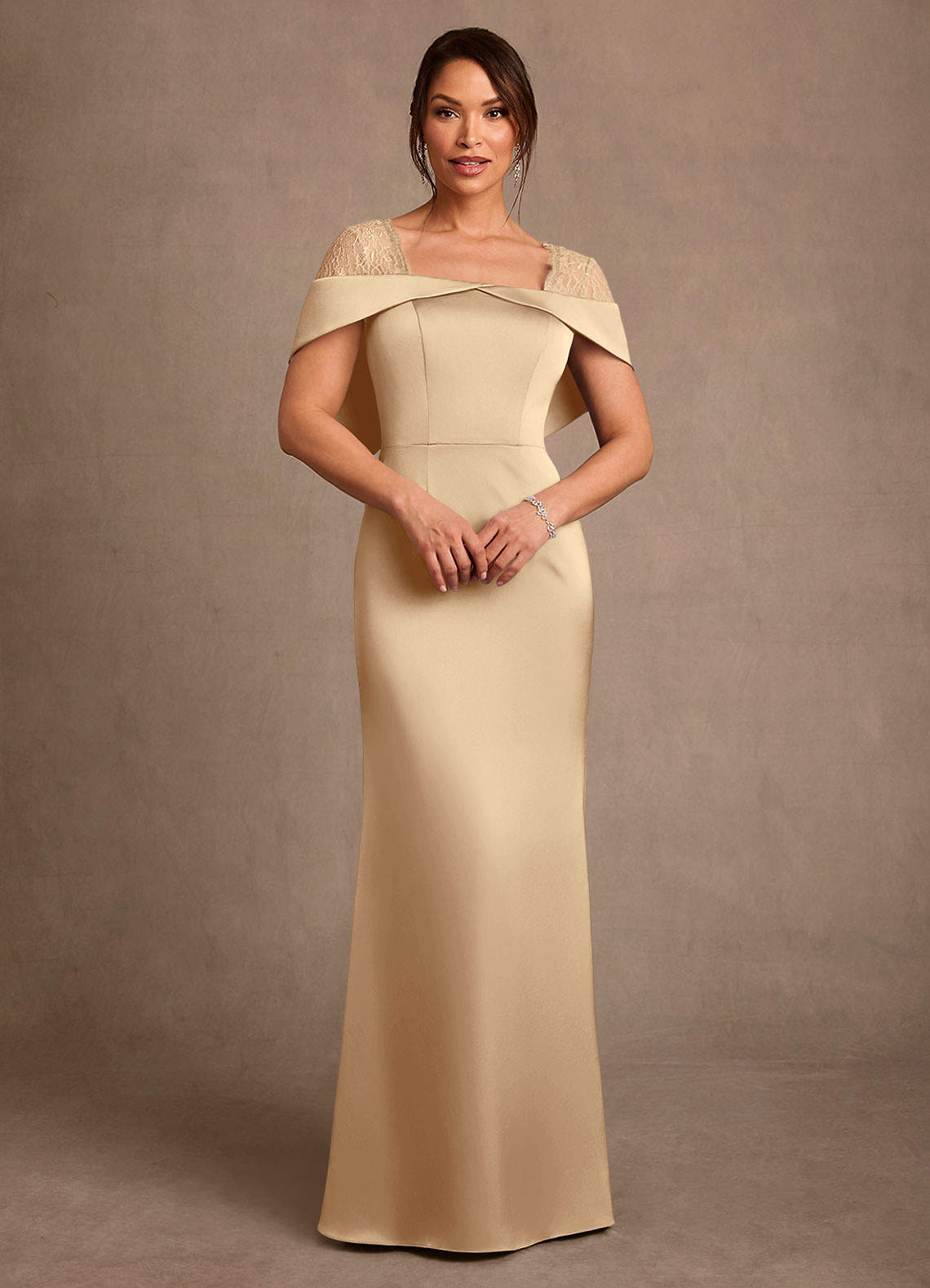 Henrieta Sheath Square-Neck Stretch Satin and Lace Mother of the Bride Dress in champagne
