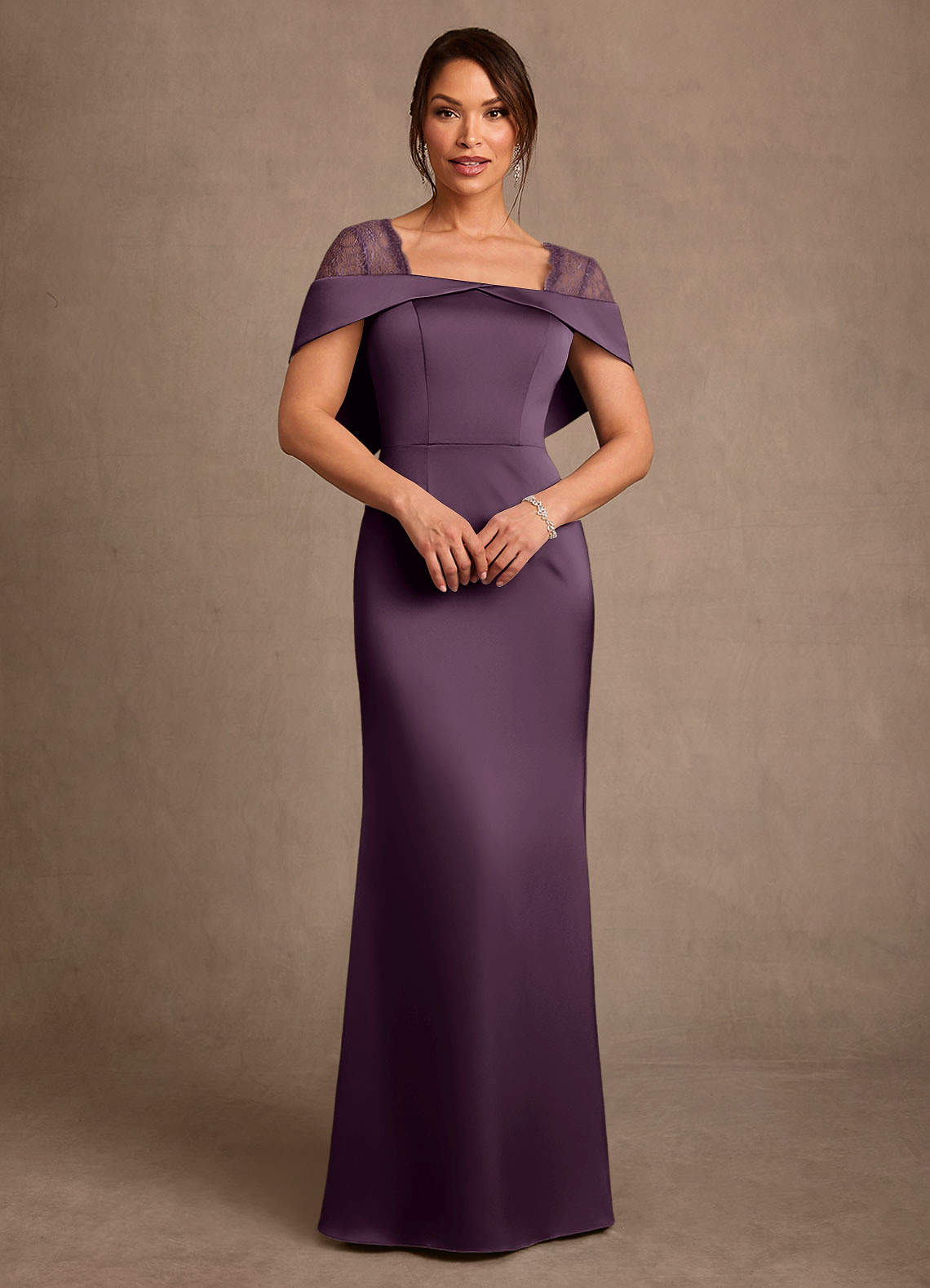 Henrieta Sheath Square-Neck Stretch Satin and Lace Mother of the Bride Dress in Plum
