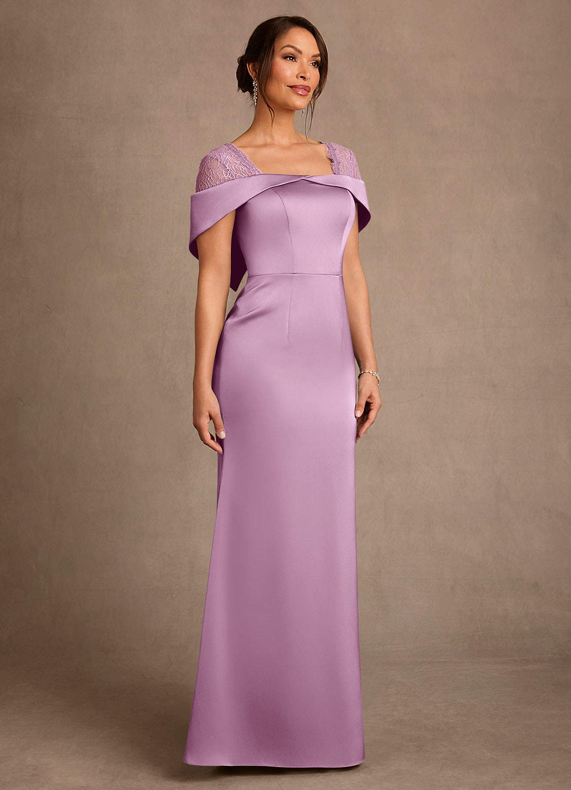 Henrieta Sheath Square-Neck Stretch Satin and Lace Mother of the Bride Dress in Wisteria