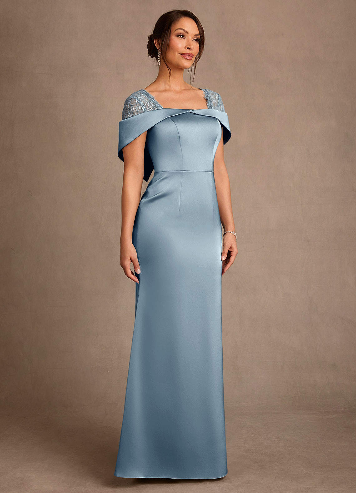 Henrieta Sheath Square-Neck Stretch Satin and Lace Mother of the Bride Dress in dusty blue