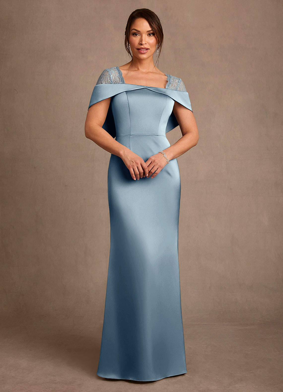 Henrieta Sheath Square-Neck Stretch Satin and Lace Mother of the Bride Dress in dusty blue