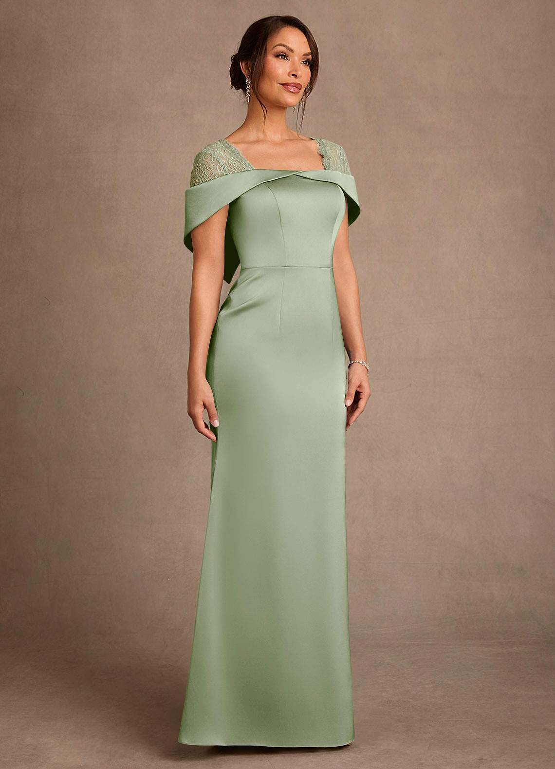 Henrieta Sheath Square-Neck Stretch Satin and Lace Mother of the Bride Dress in Dusty Sage