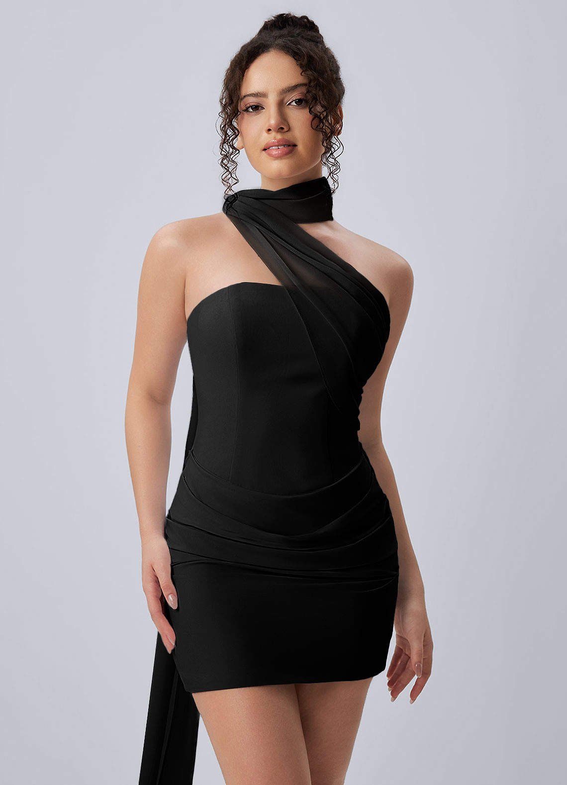 Henriette Bodycon Mini Halter Crepe Chiffon Prom Dress in Cabernet