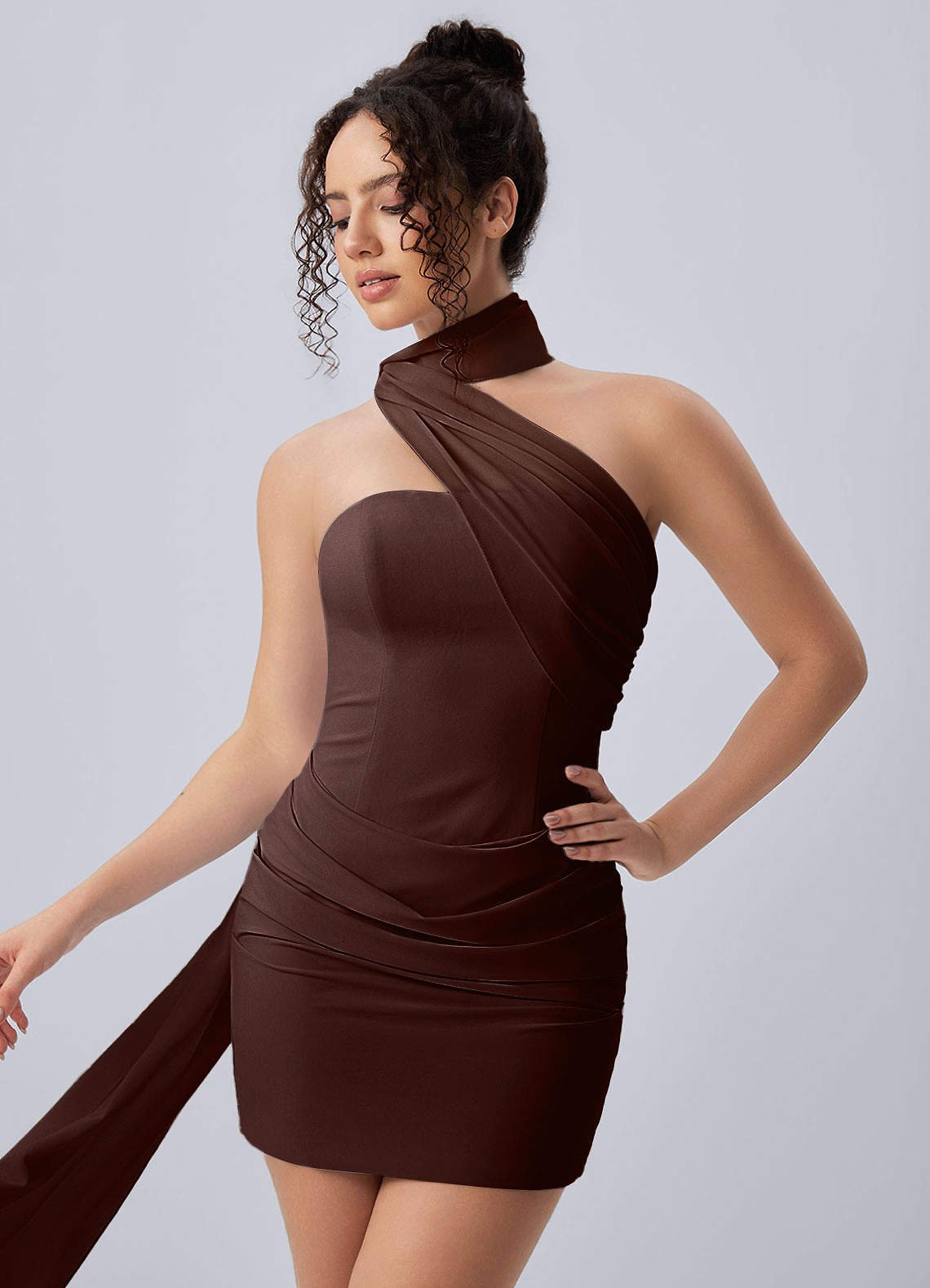 Henriette Bodycon Mini Halter Crepe Chiffon Prom Dress in Ganache