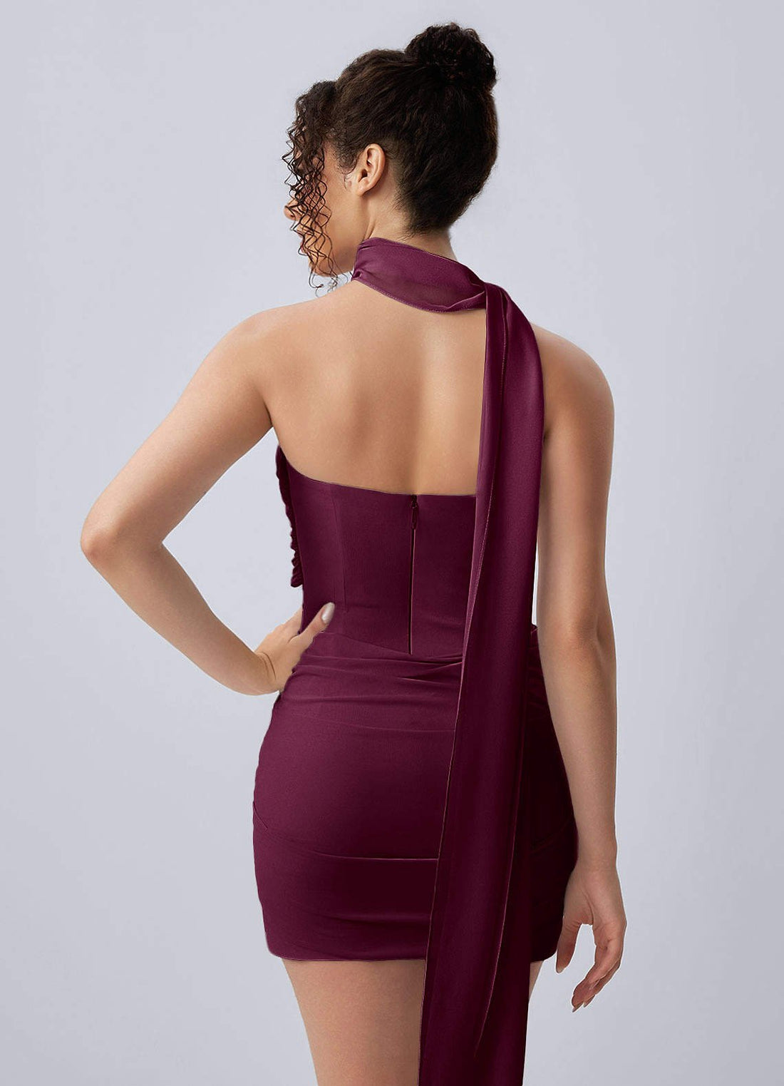 Henriette Bodycon Mini Halter Crepe Chiffon Prom Dress in Cabernet