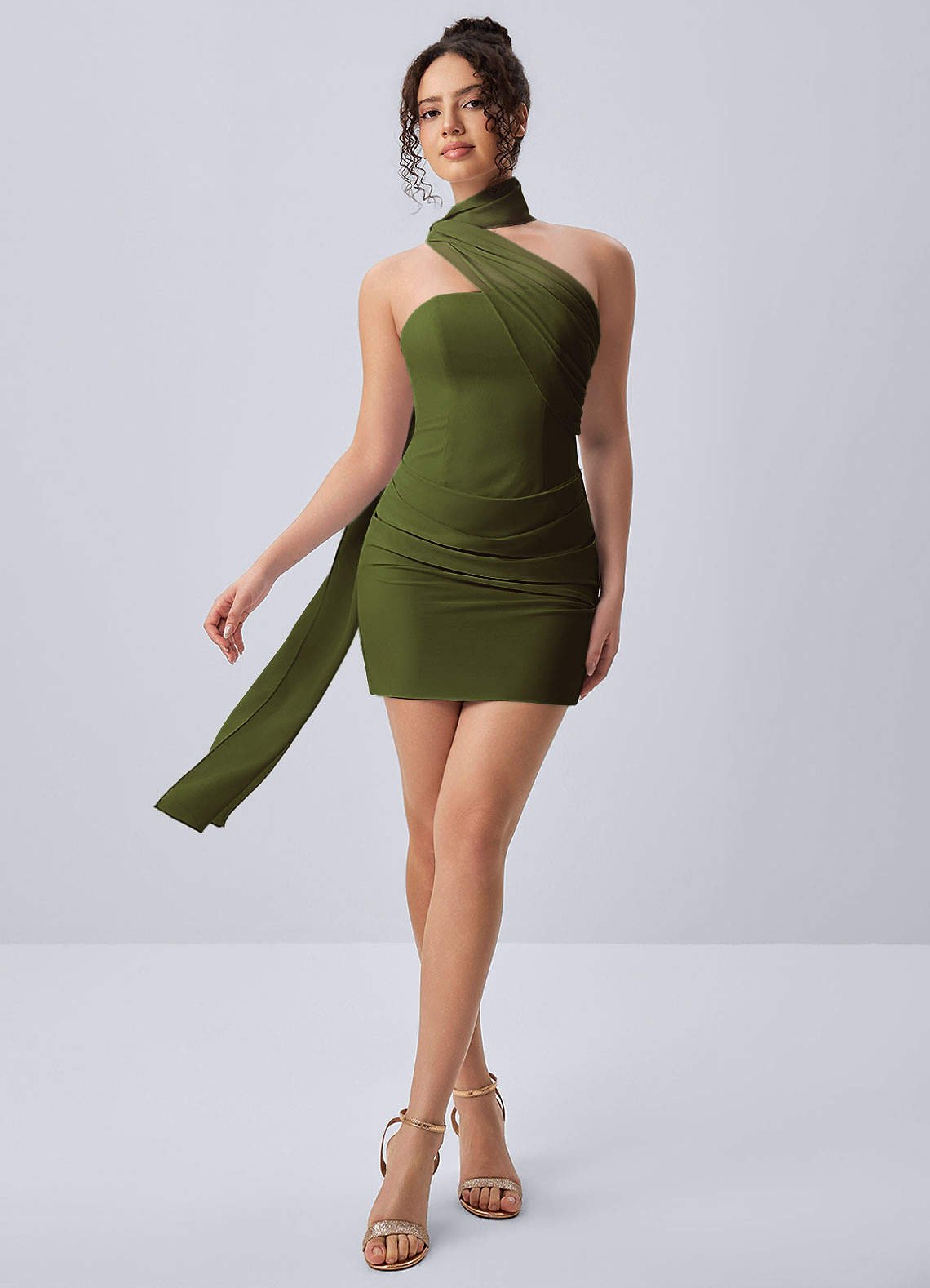 Henriette Bodycon Mini Halter Crepe Chiffon Prom Dress in Olive