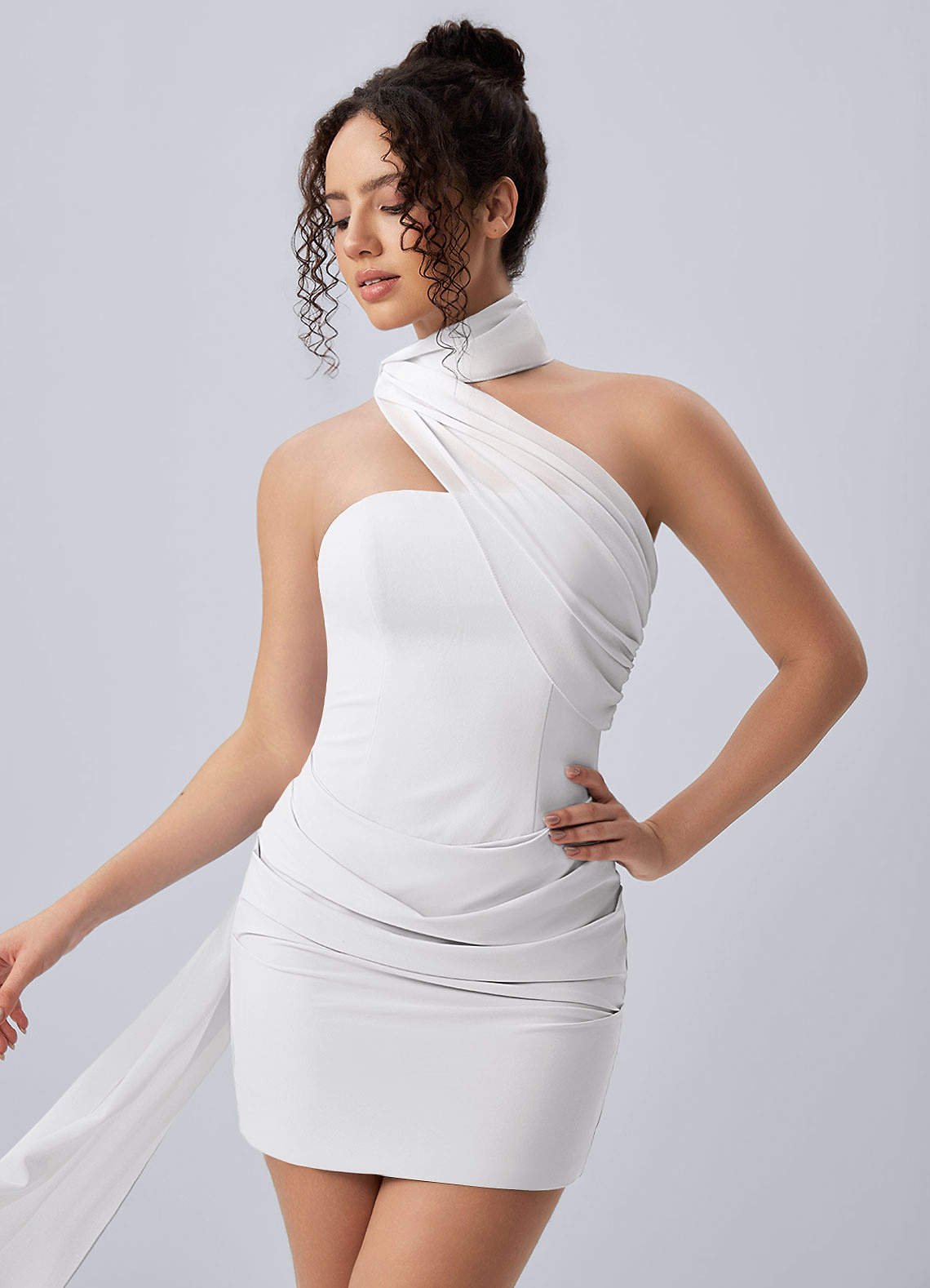 Henriette Bodycon Mini Halter Crepe Chiffon Prom Dress in White