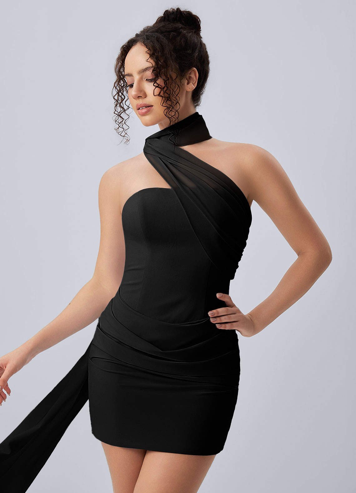 Henriette Bodycon Mini Halter Crepe Chiffon Prom Dress in Black