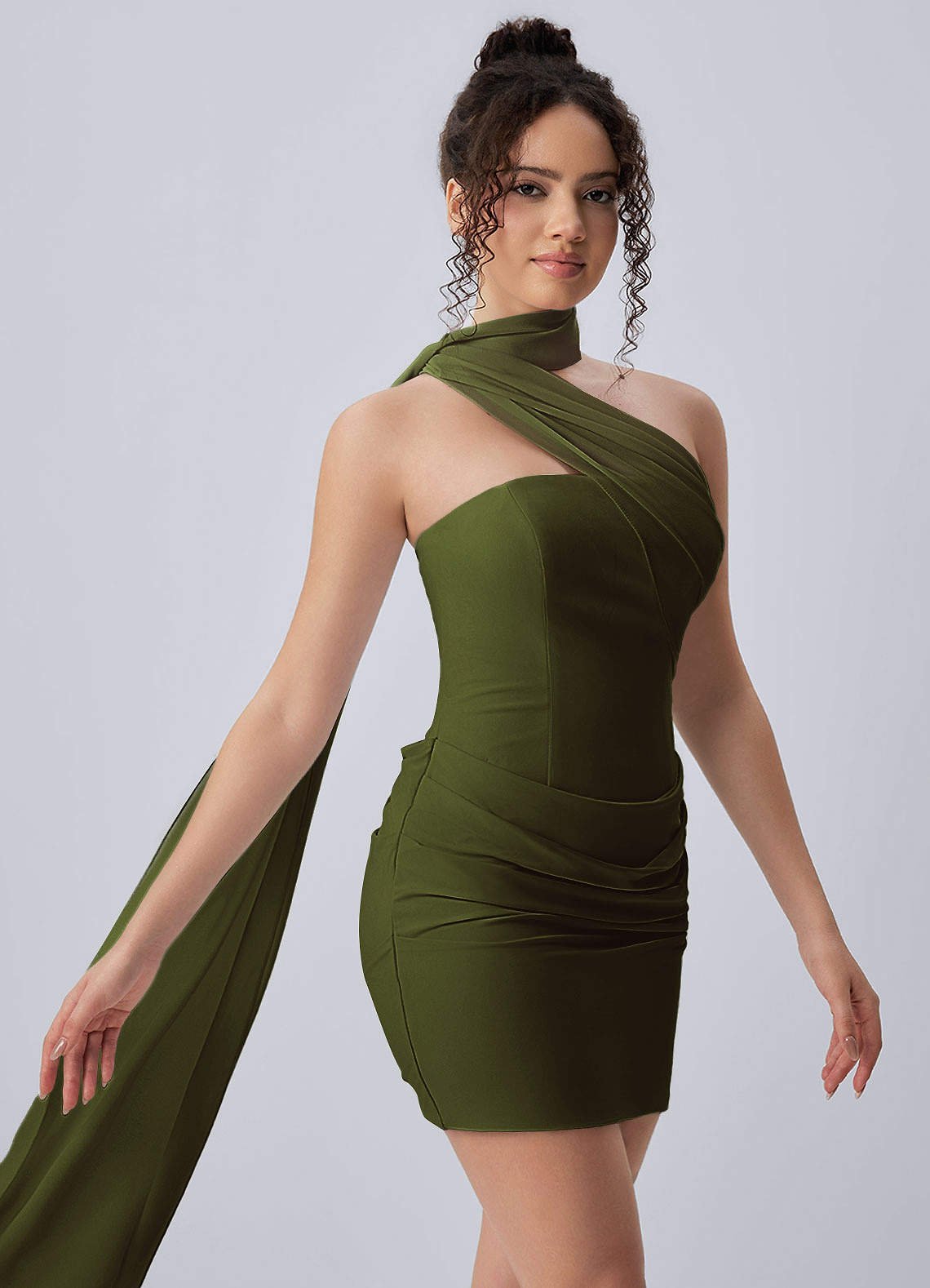 Henriette Bodycon Mini Halter Crepe Chiffon Prom Dress in Olive