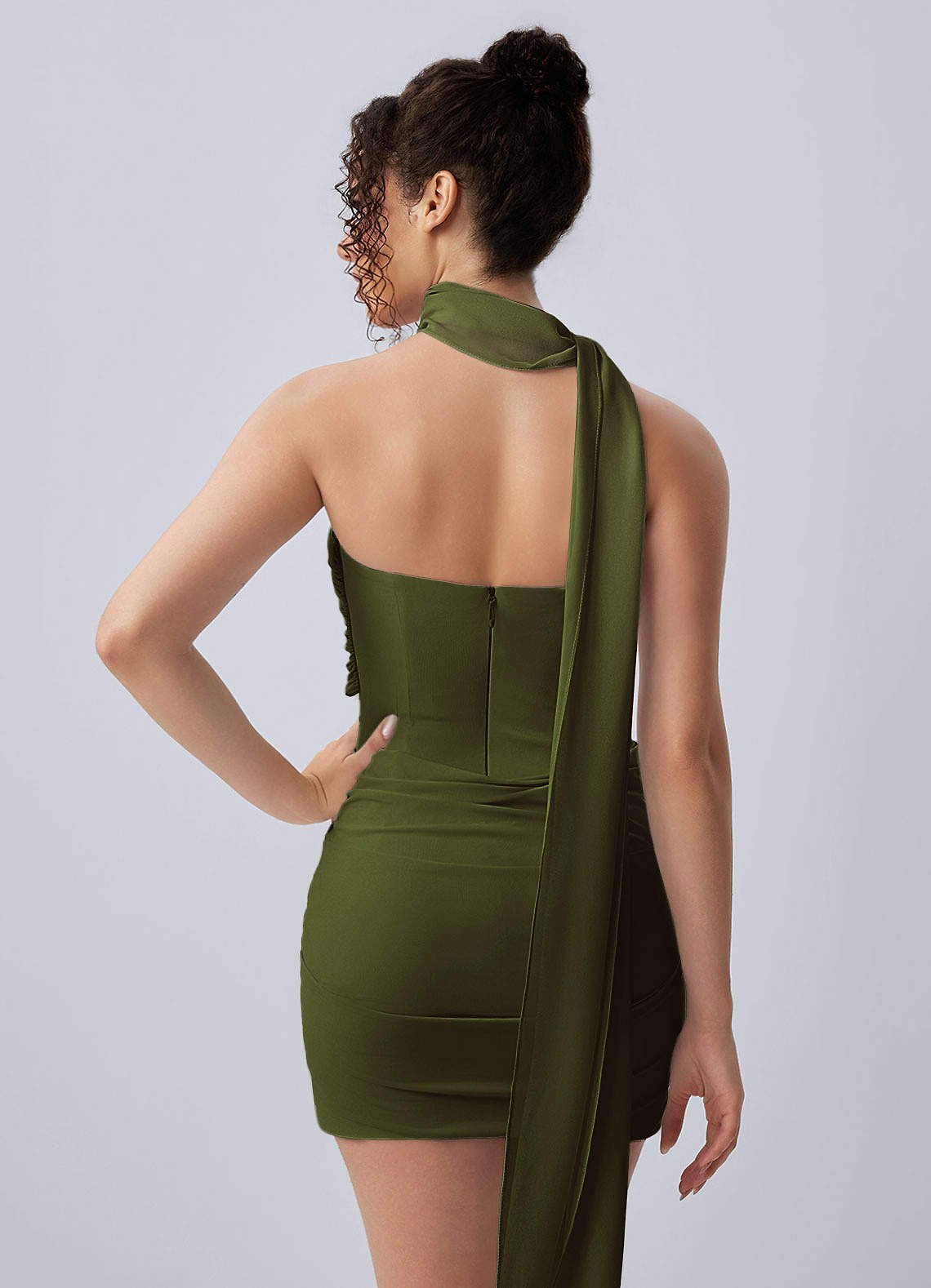 Henriette Bodycon Mini Halter Crepe Chiffon Prom Dress in Olive