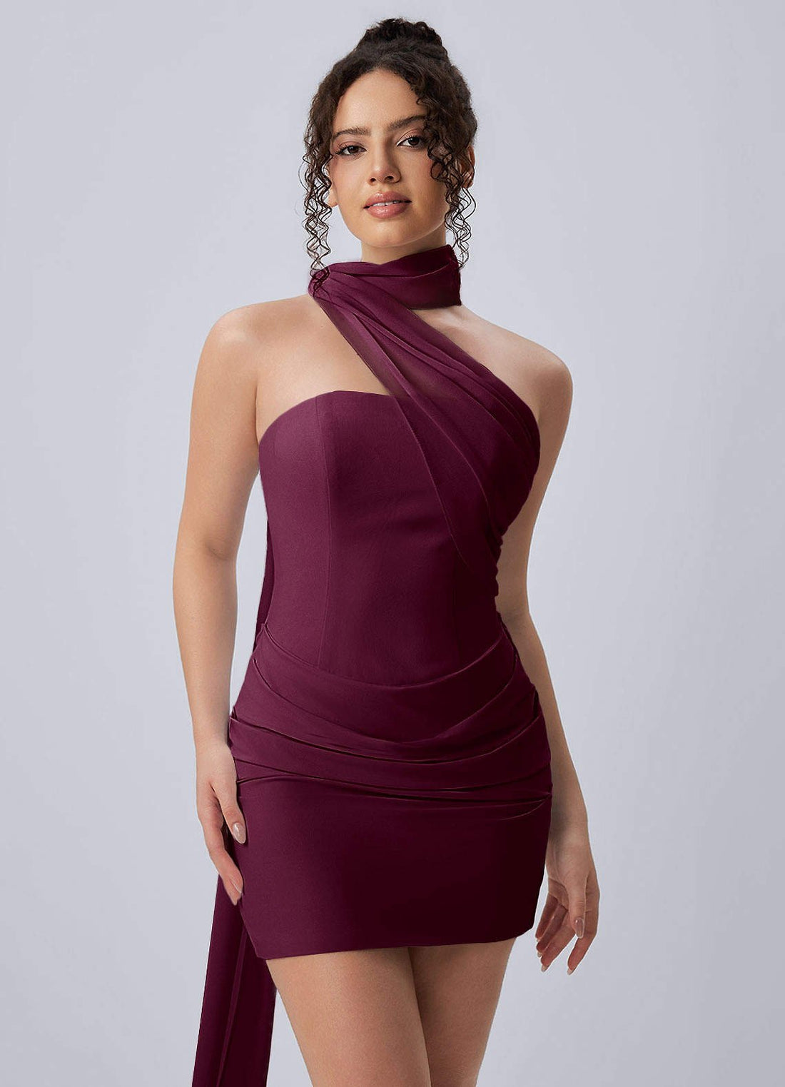 Henriette Bodycon Mini Halter Crepe Chiffon Prom Dress in Cabernet