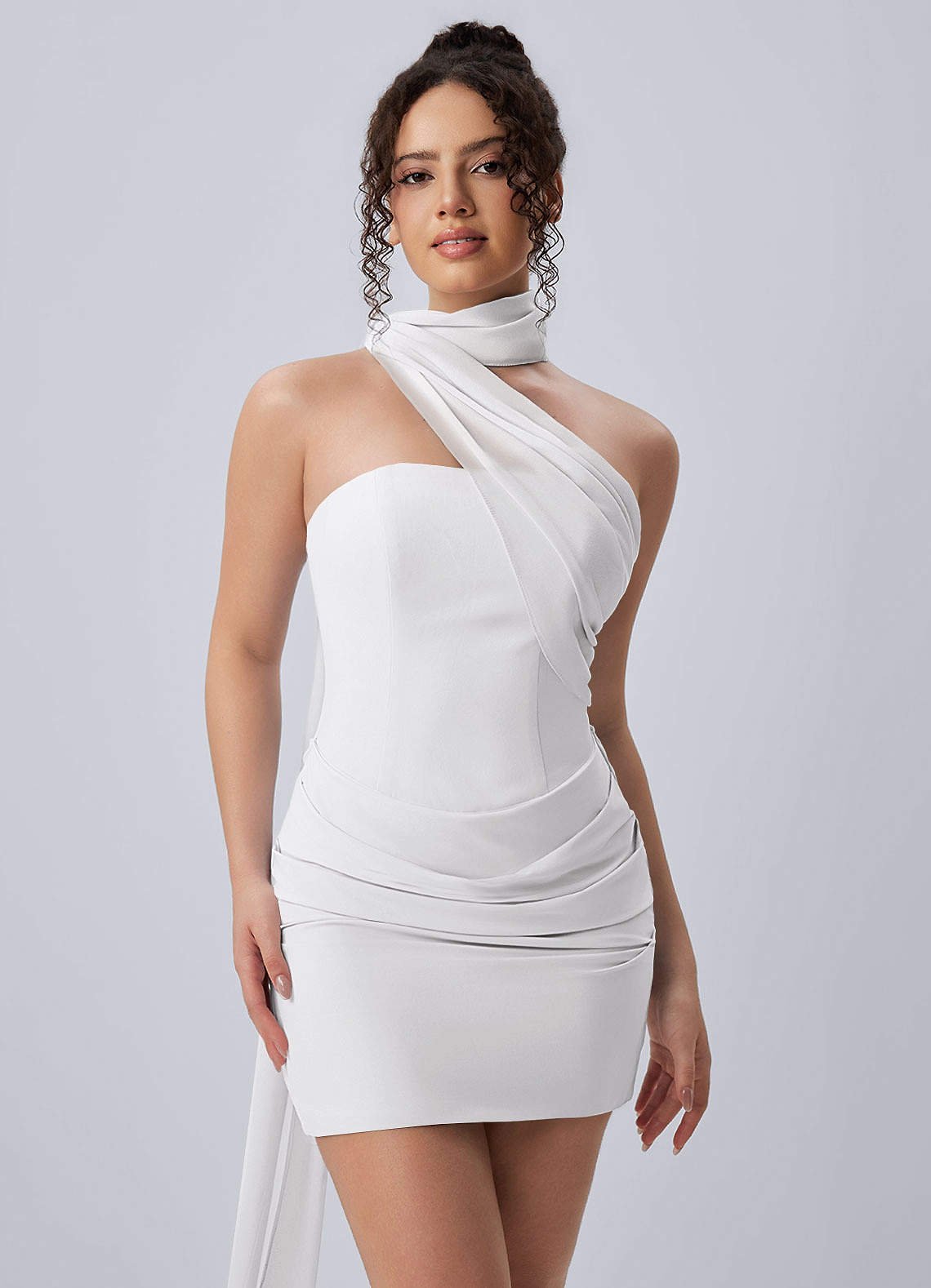 Henriette Bodycon Mini Halter Crepe Chiffon Prom Dress in Cabernet