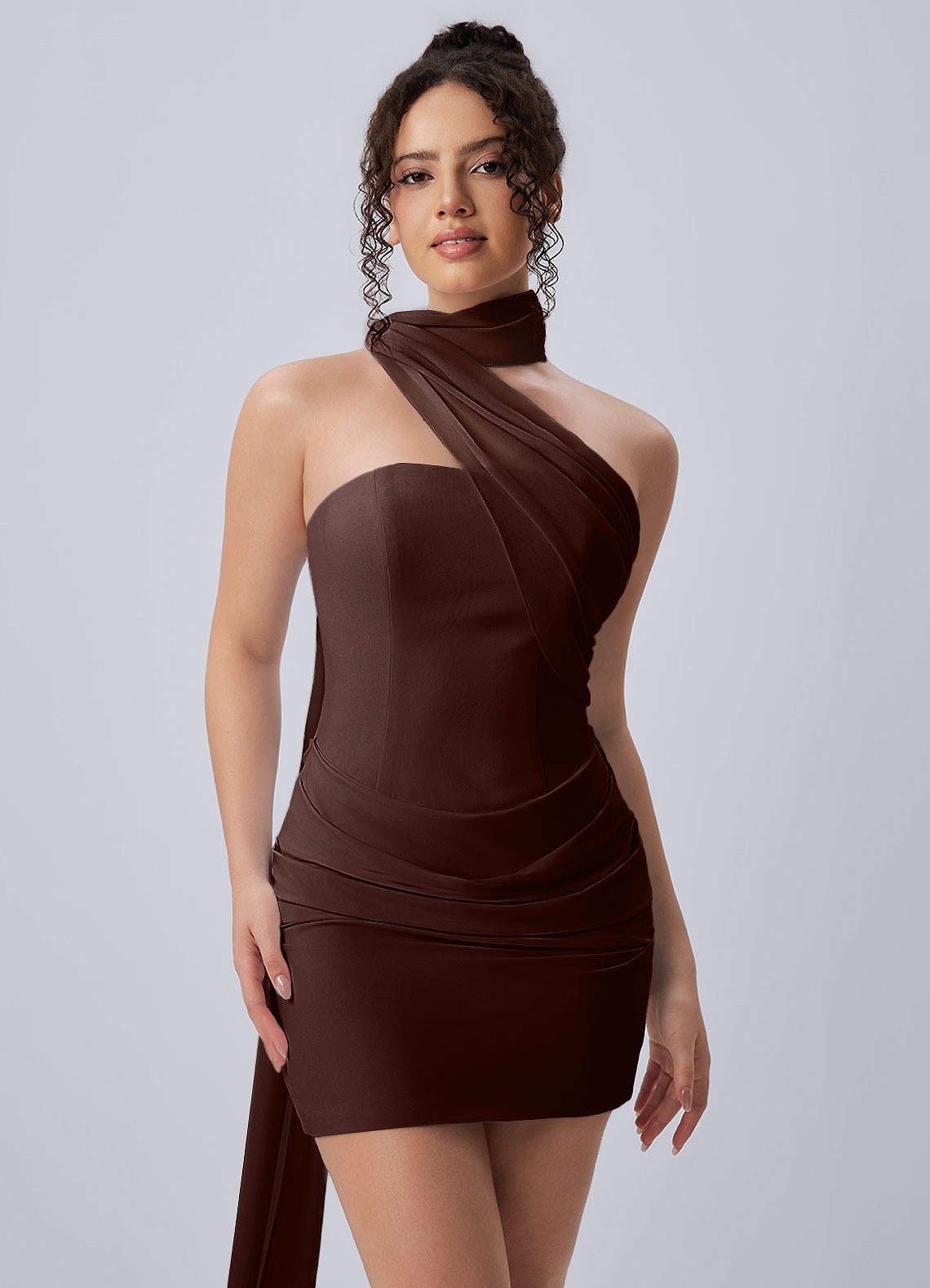 Henriette Bodycon Mini Halter Crepe Chiffon Prom Dress in Cabernet