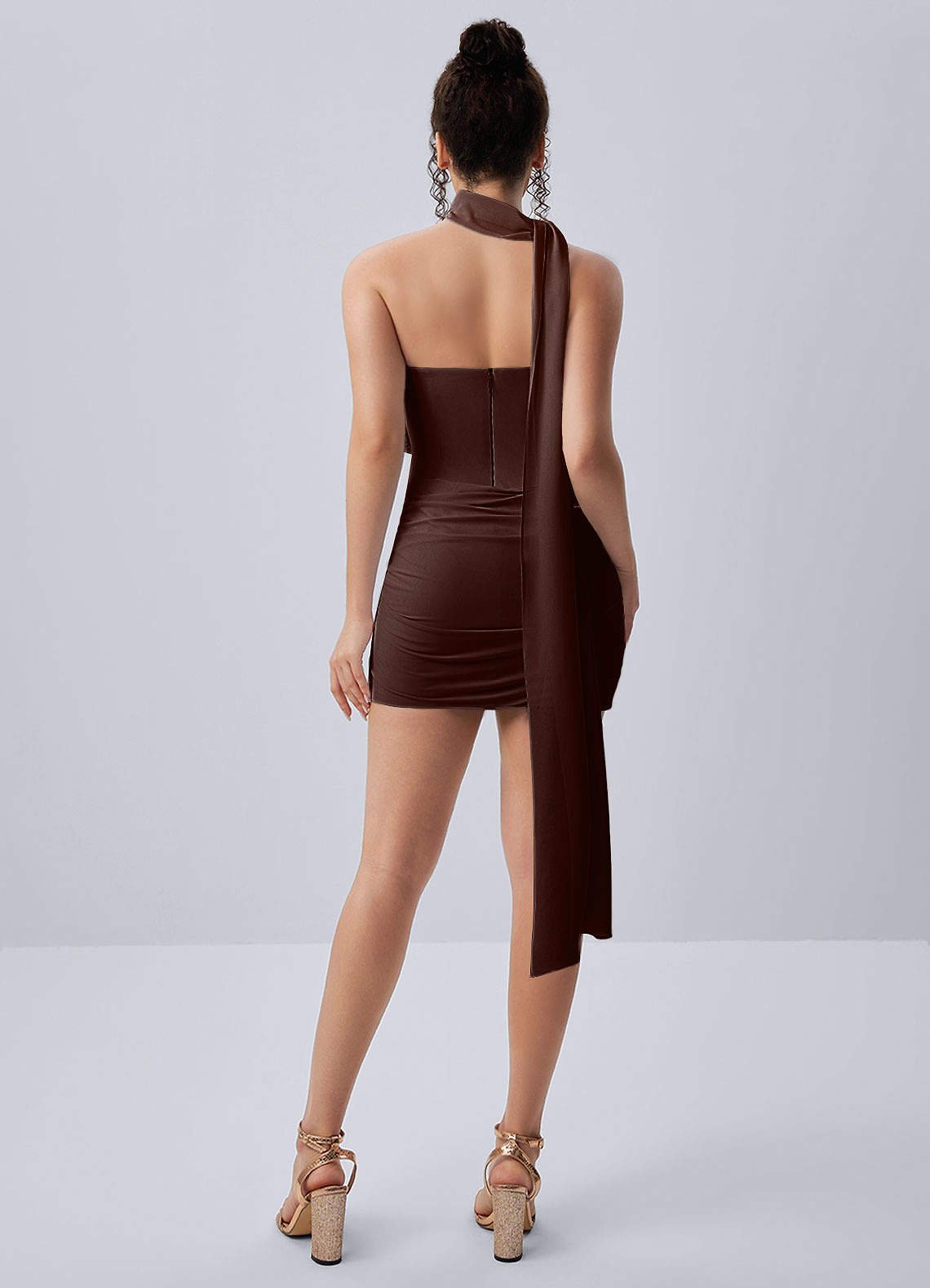 Henriette Bodycon Mini Halter Crepe Chiffon Prom Dress in Ganache