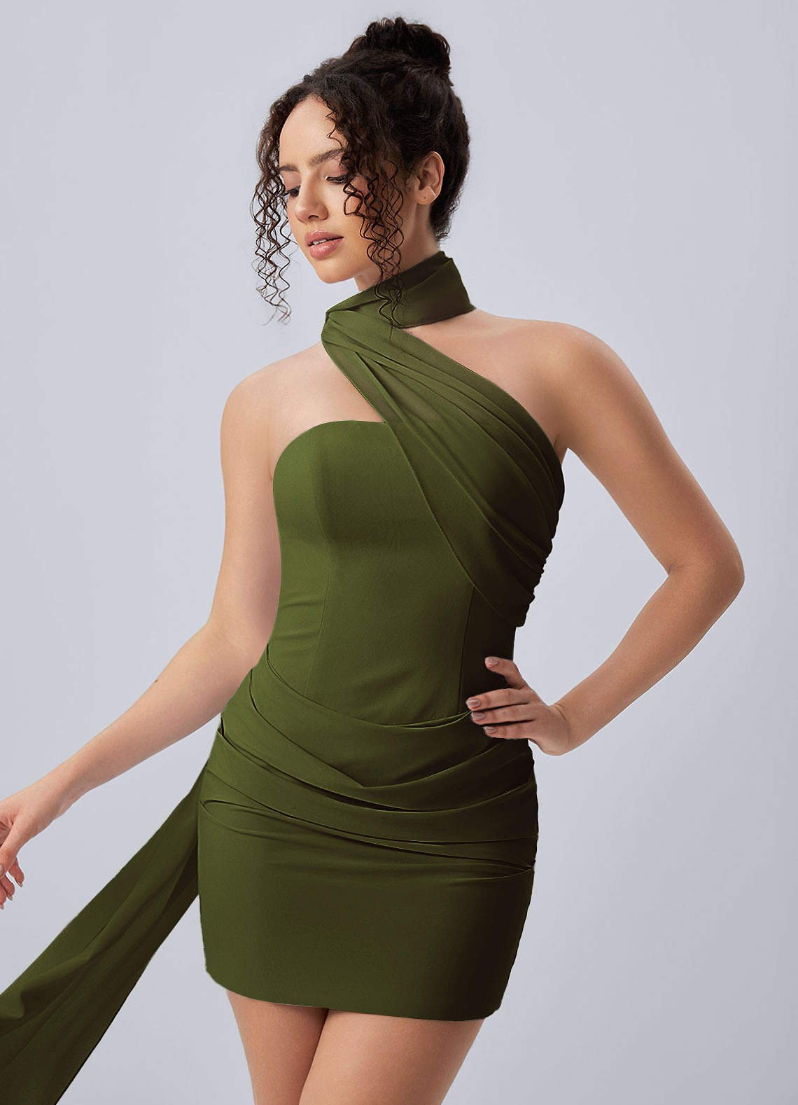 Henriette Bodycon Mini Halter Crepe Chiffon Prom Dress in Olive