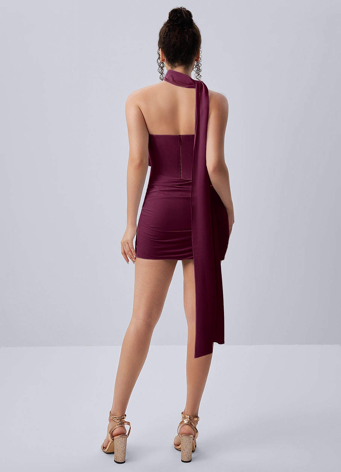 Henriette Bodycon Mini Halter Crepe Chiffon Prom Dress in Cabernet