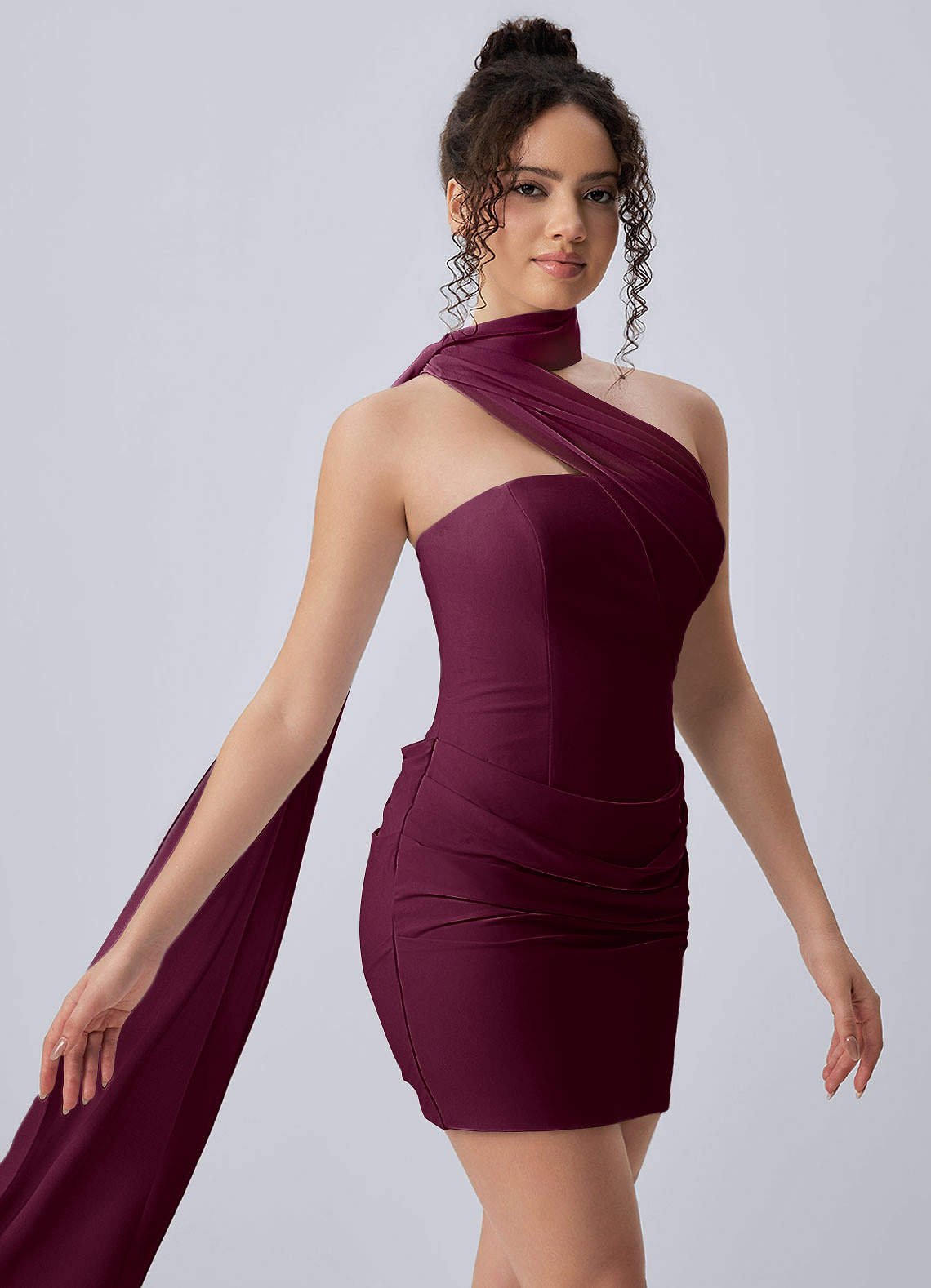 Henriette Bodycon Mini Halter Crepe Chiffon Prom Dress in Cabernet