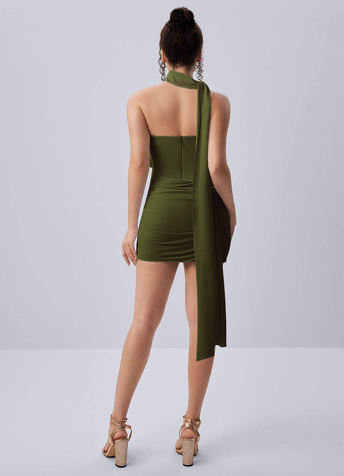 Henriette Bodycon Mini Halter Crepe Chiffon Prom Dress in Olive