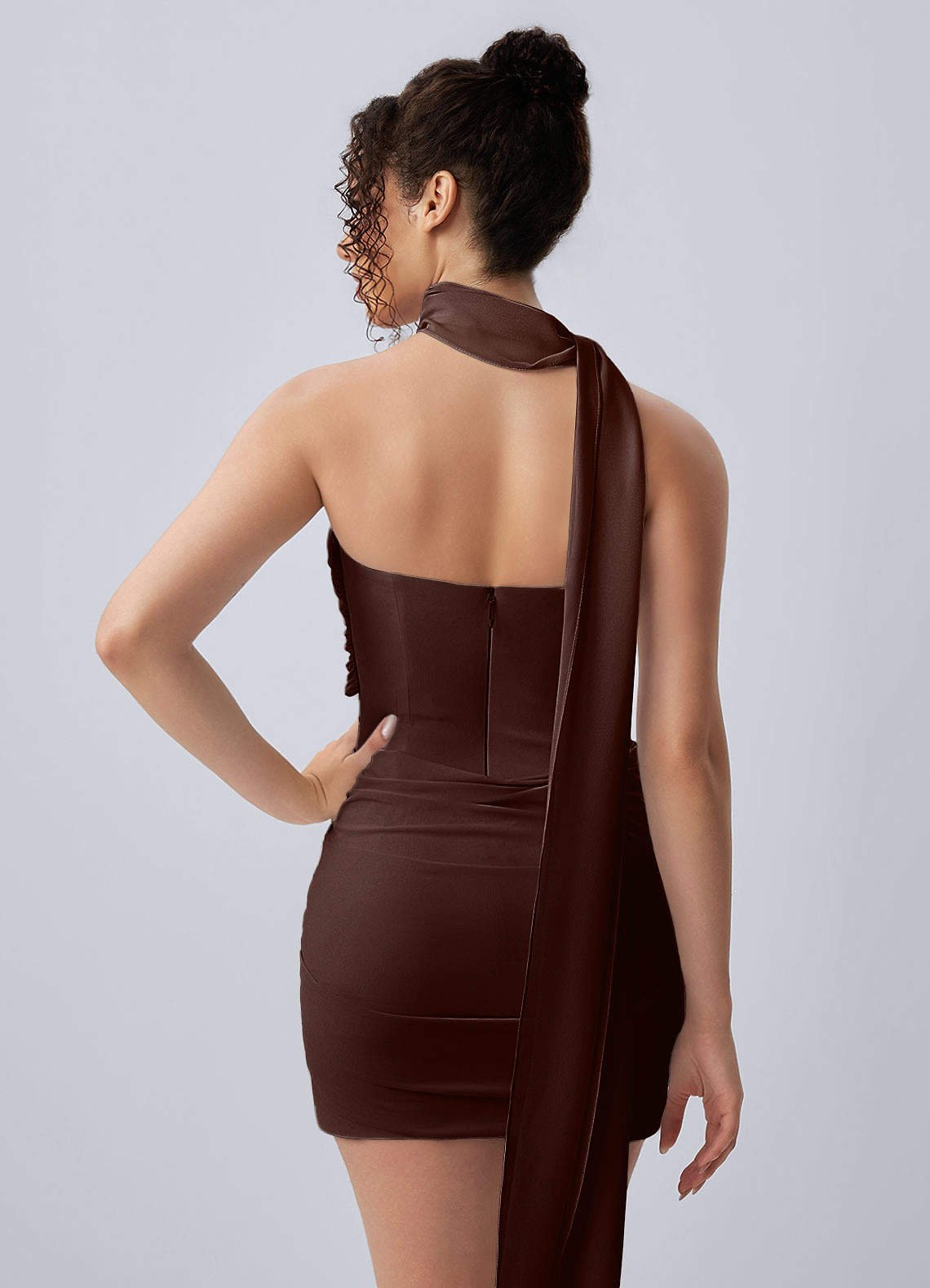 Henriette Bodycon Mini Halter Crepe Chiffon Prom Dress in Ganache