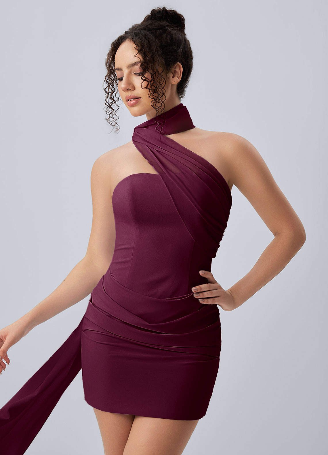 Henriette Bodycon Mini Halter Crepe Chiffon Prom Dress in Cabernet