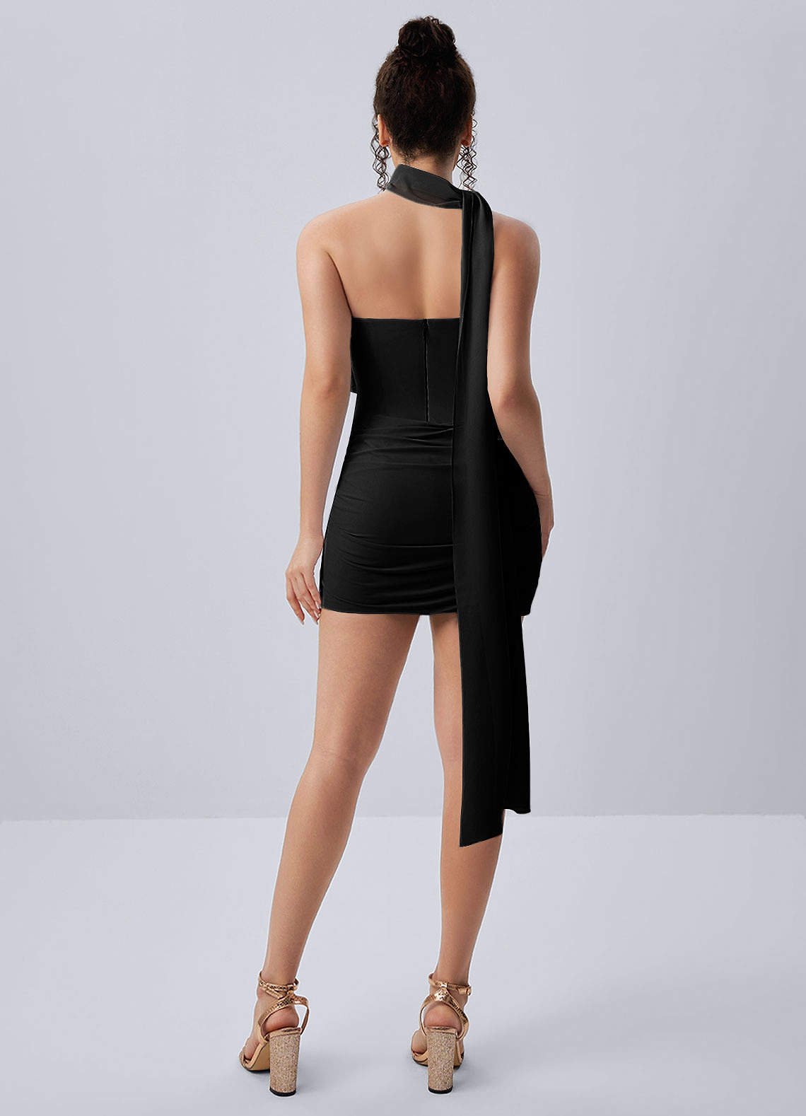 Henriette Bodycon Mini Halter Crepe Chiffon Prom Dress in Black