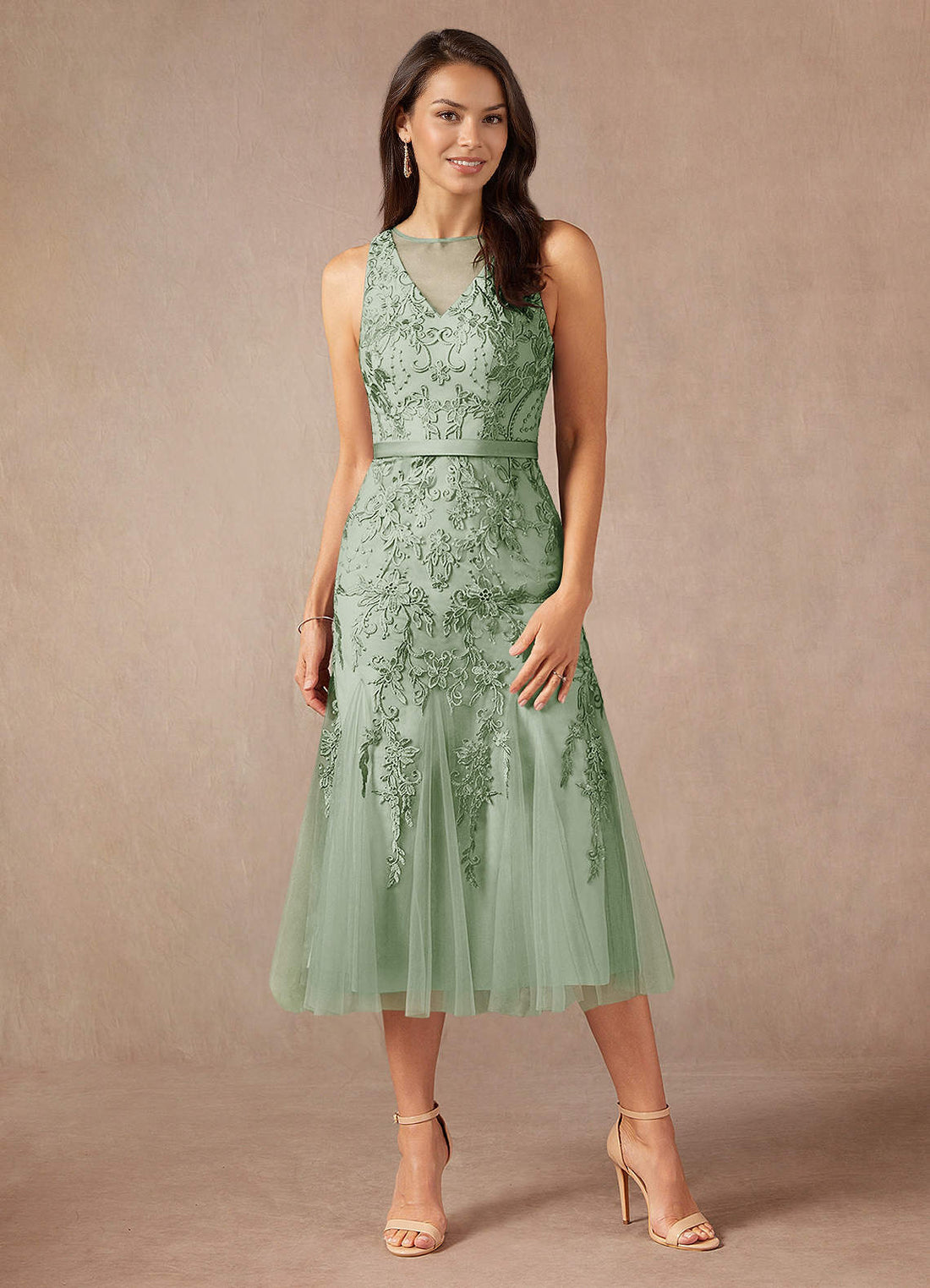 Herrin Mermaid Scoop-Neck Lace and Tulle Mother of the Bride Dress in Dusty Sage