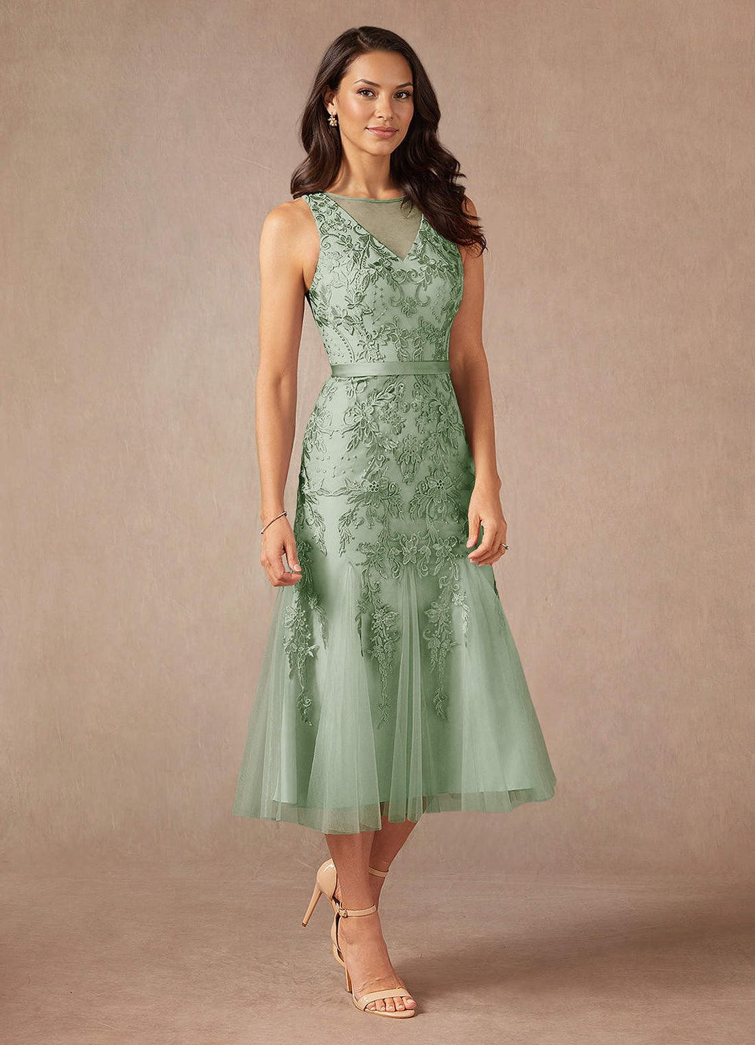 Herrin Mermaid Scoop-Neck Lace and Tulle Mother of the Bride Dress in Dusty Sage