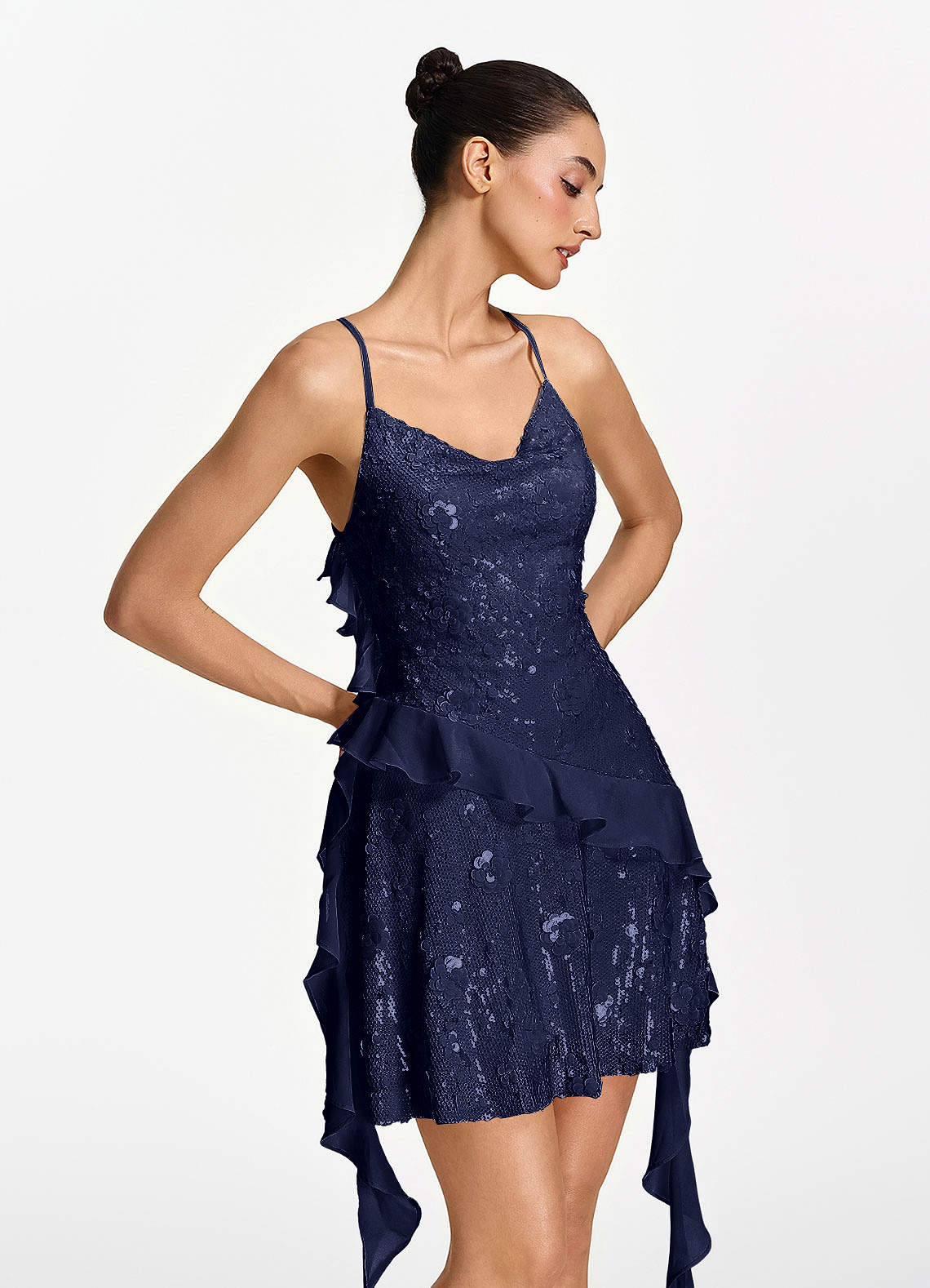 Honorata Bodycon Mini Cowl-Neck Sequined Stretch Mesh Prom Dress in Navy