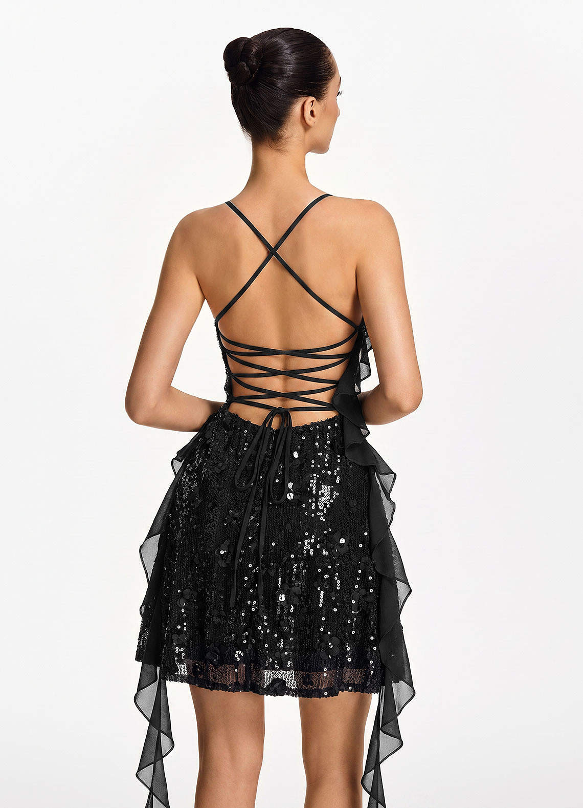 Honorata Bodycon Mini Cowl-Neck Sequined Stretch Mesh Prom Dress in black