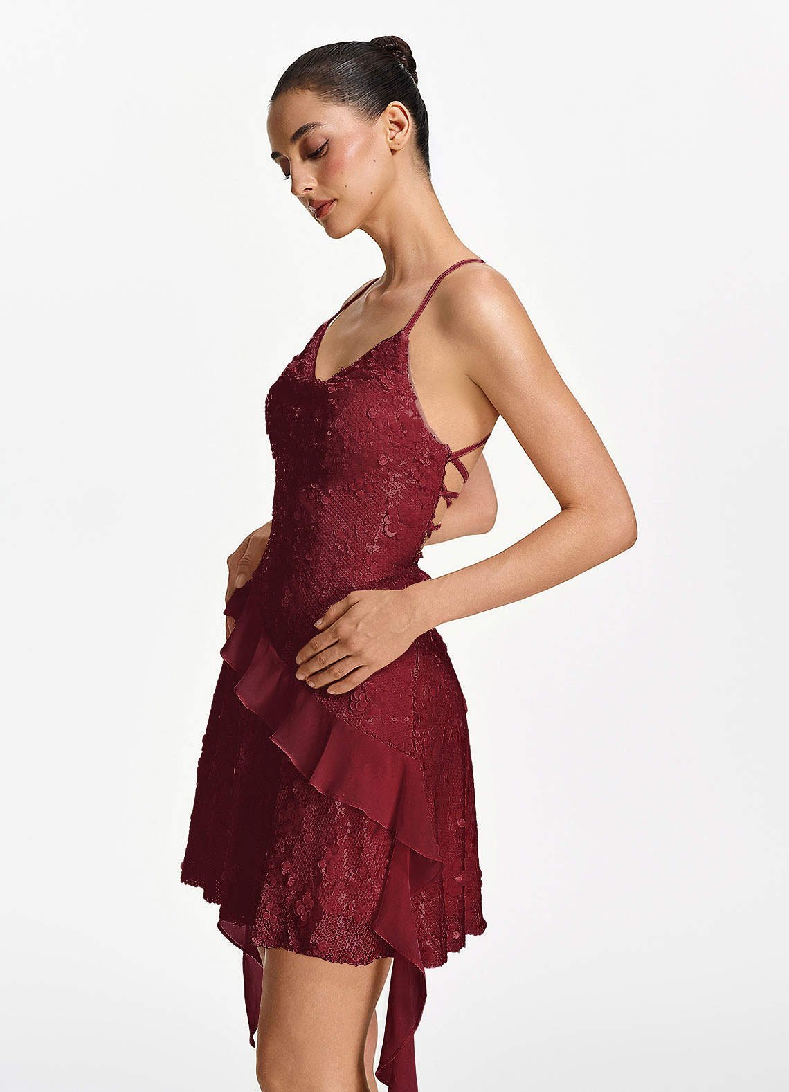 Honorata Bodycon Mini Cowl-Neck Sequined Stretch Mesh Prom Dress in Burgundy