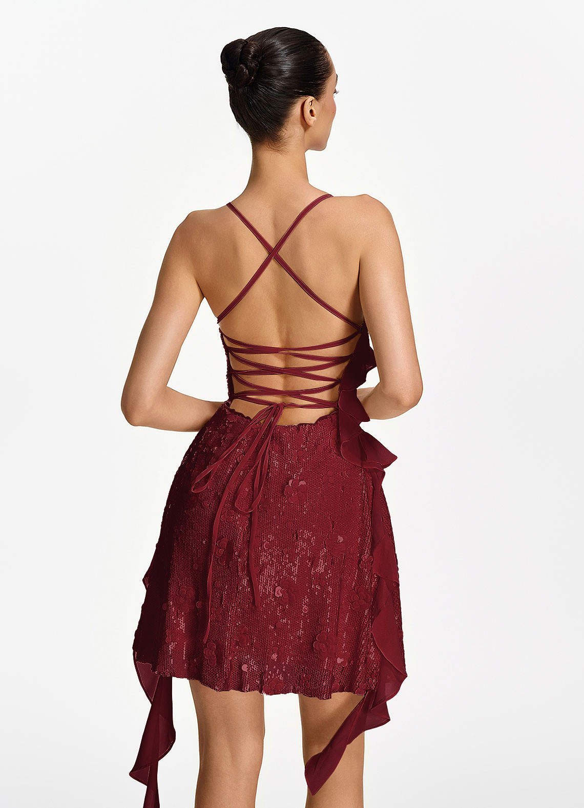 Honorata Bodycon Mini Cowl-Neck Sequined Stretch Mesh Prom Dress in Burgundy