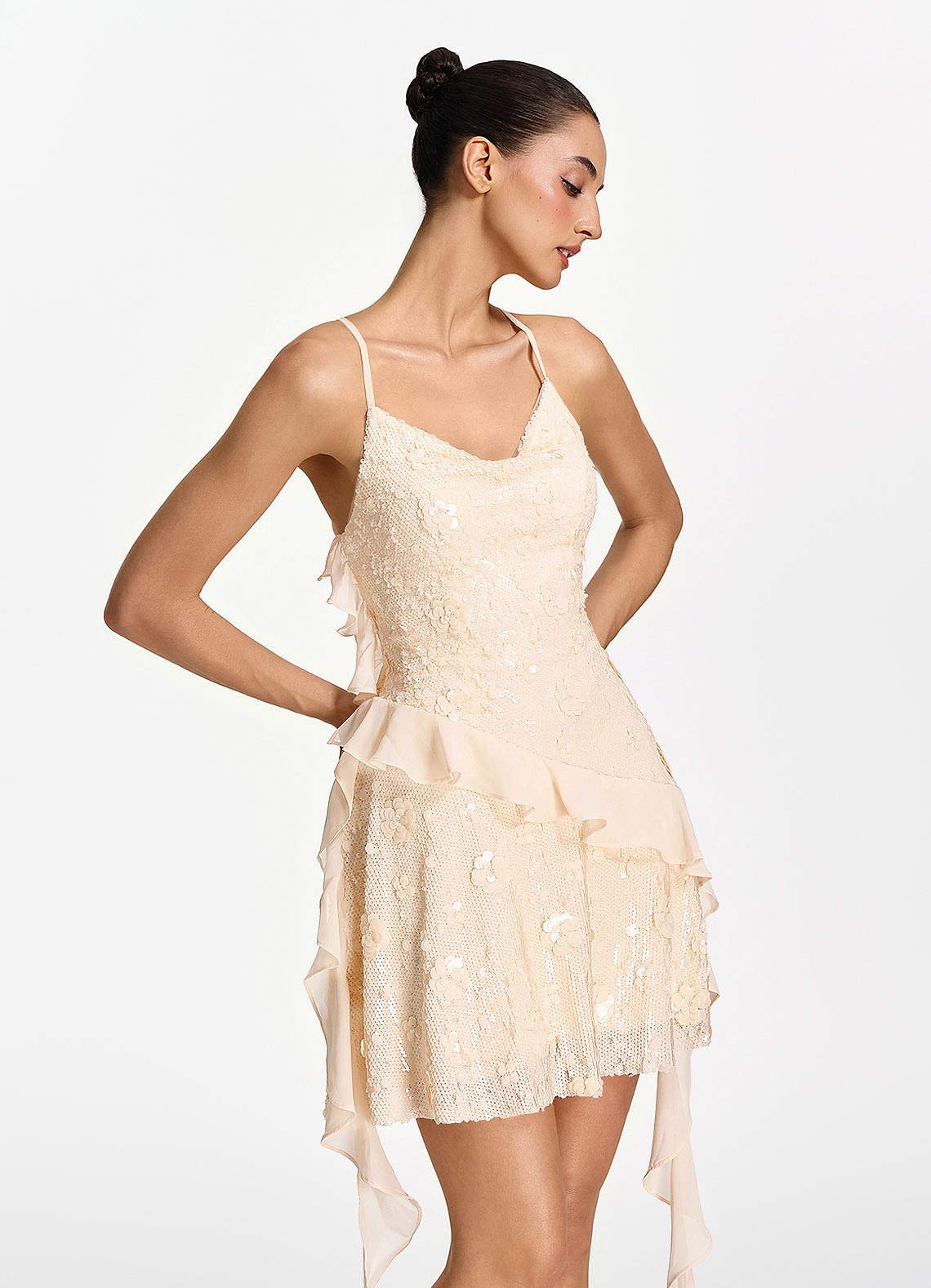 Honorata Bodycon Mini Cowl-Neck Sequined Stretch Mesh Prom Dress in Champagne