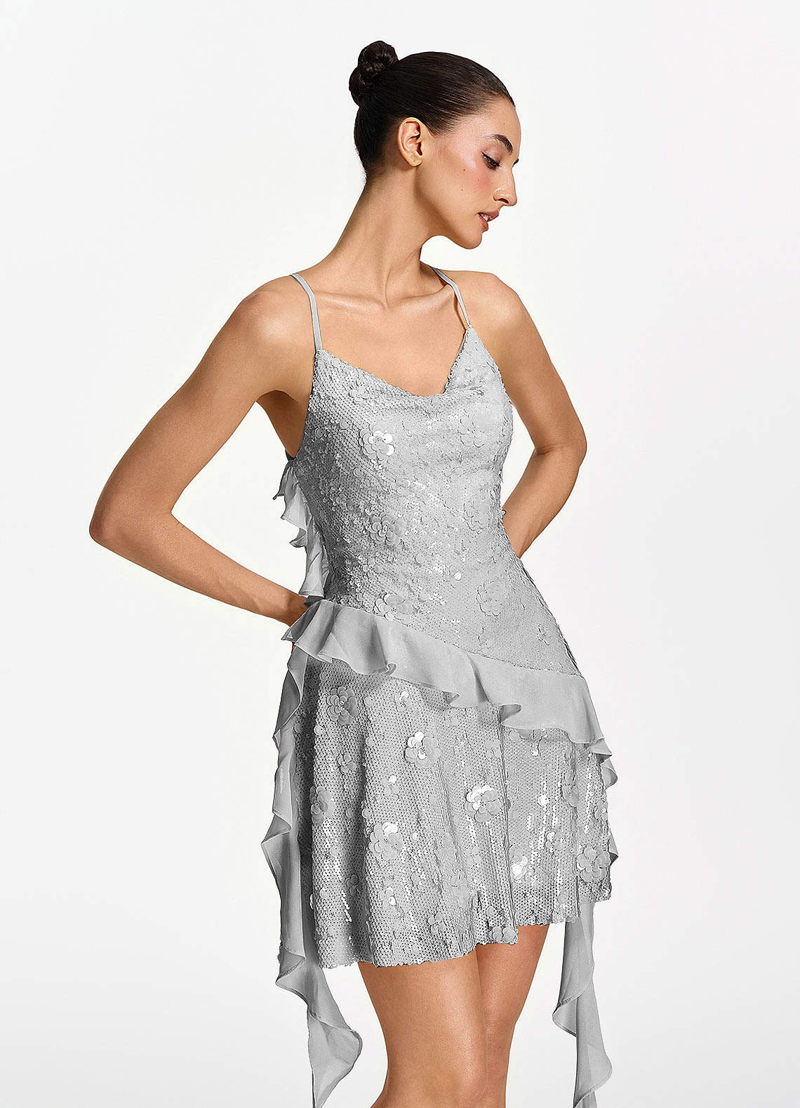 Honorata Bodycon Mini Cowl-Neck Sequined Stretch Mesh Prom Dress in Silver