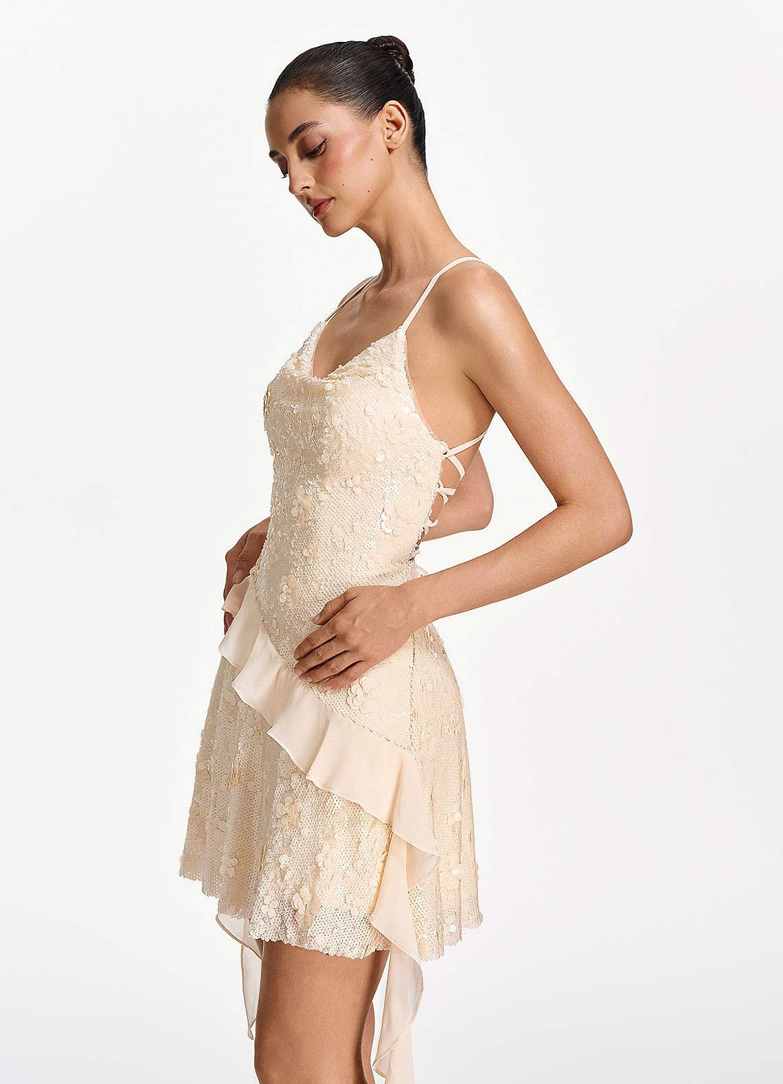 Honorata Bodycon Mini Cowl-Neck Sequined Stretch Mesh Prom Dress in Champagne