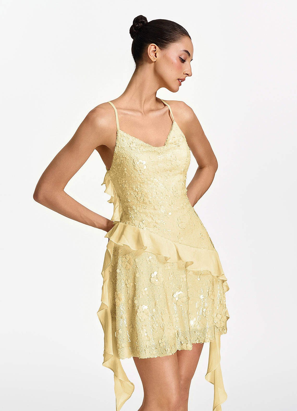 Honorata Bodycon Mini Cowl-Neck Sequined Stretch Mesh Prom Dress in Gold