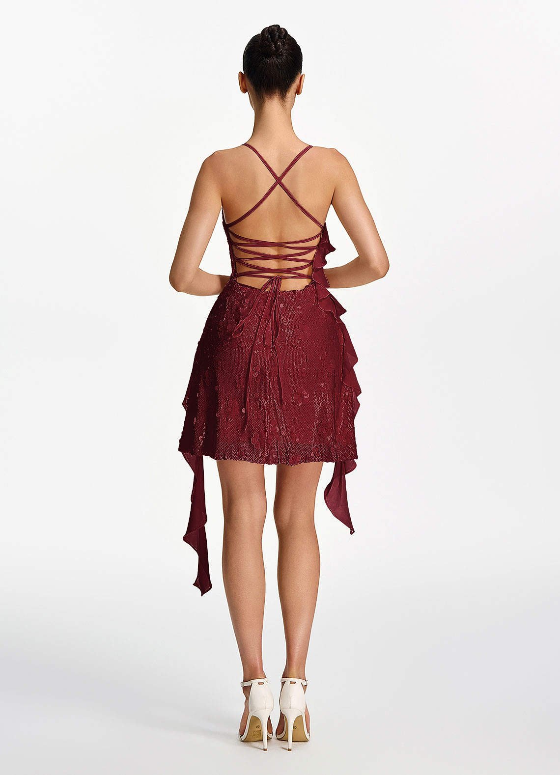 Honorata Bodycon Mini Cowl-Neck Sequined Stretch Mesh Prom Dress in Burgundy