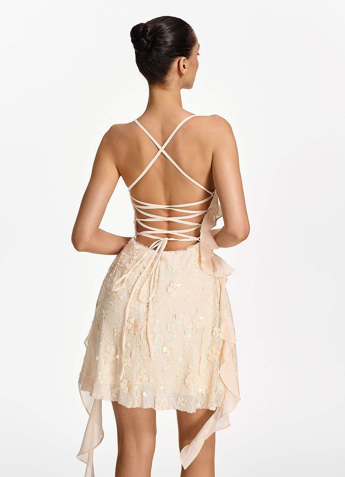 Honorata Bodycon Mini Cowl-Neck Sequined Stretch Mesh Prom Dress in Champagne